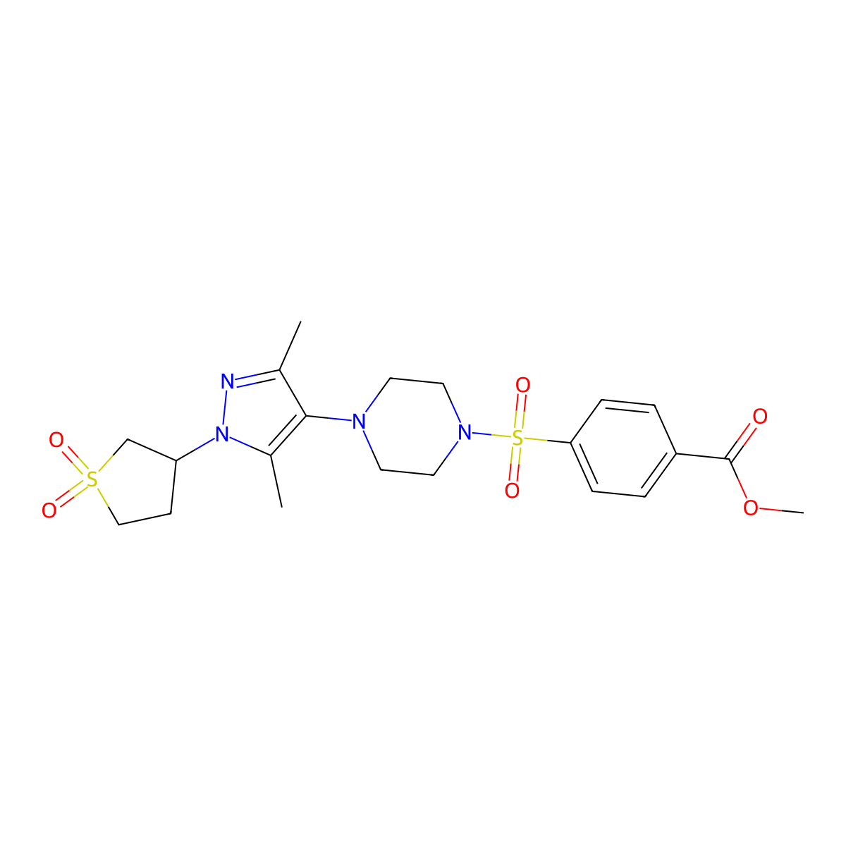methyl 4-((4-(1-(1,1-dioxidotetrahydrothiophen-3-yl)-3,5-dimethyl-1H-pyrazol-4-yl)piperazin-1-yl)sulfonyl)benzoate molecular structure, CAS 1334375-46-0