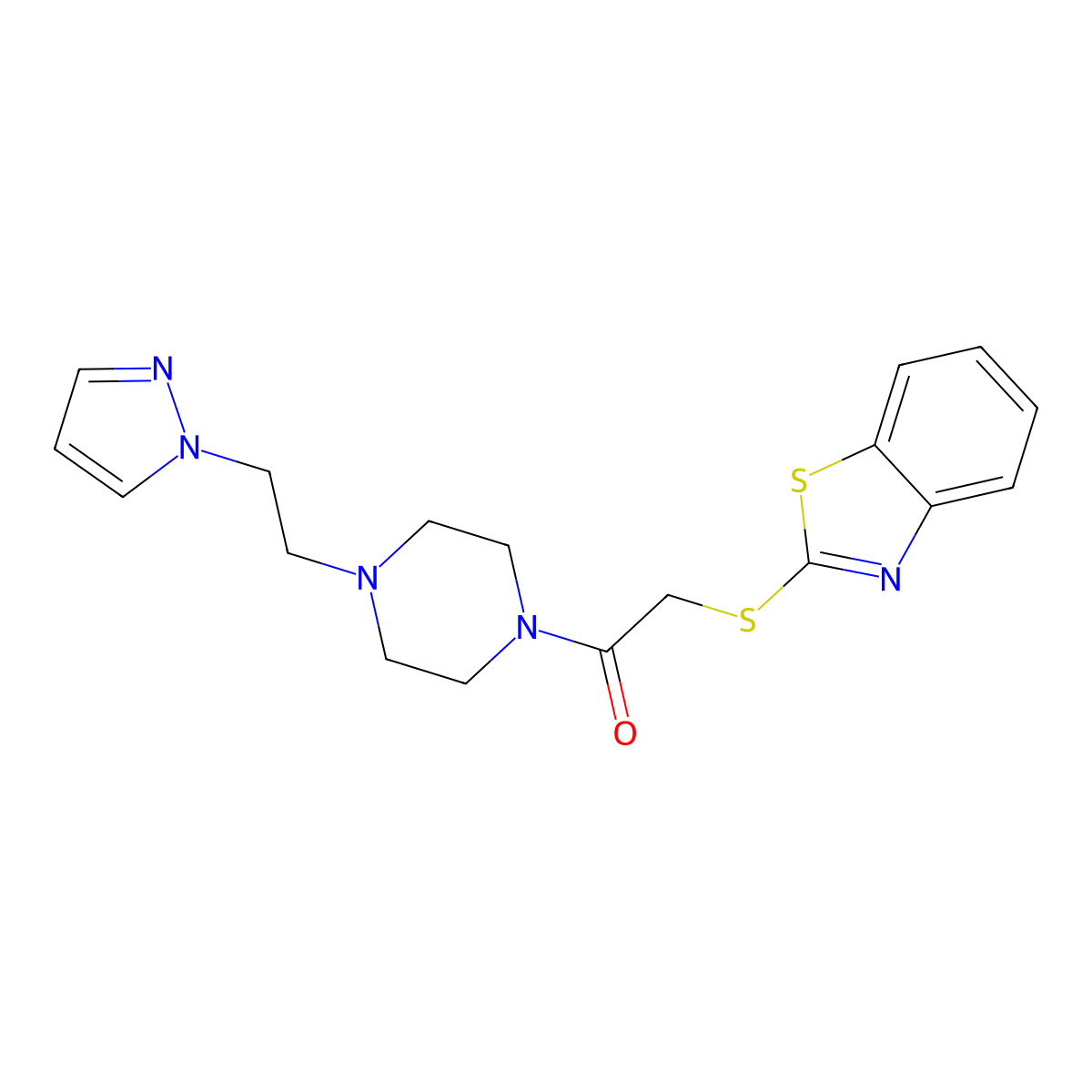 1-(4-(2-(1H-pyrazol-1-yl)ethyl)piperazin-1-yl)-2-(benzo[d]thiazol-2-ylthio)ethanone molecular structure, CAS 1334375-50-6