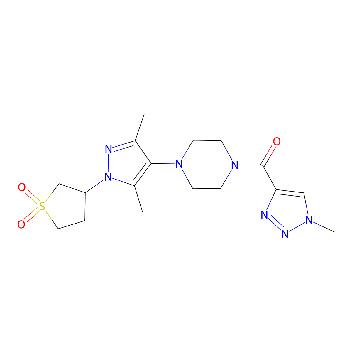 (4-(1-(1,1-dioxidotetrahydrothiophen-3-yl)-3,5-dimethyl-1H-pyrazol-4-yl)piperazin-1-yl)(1-methyl-1H-1,2,3-triazol-4-yl)methanone molecular structure, CAS 1334375-56-2