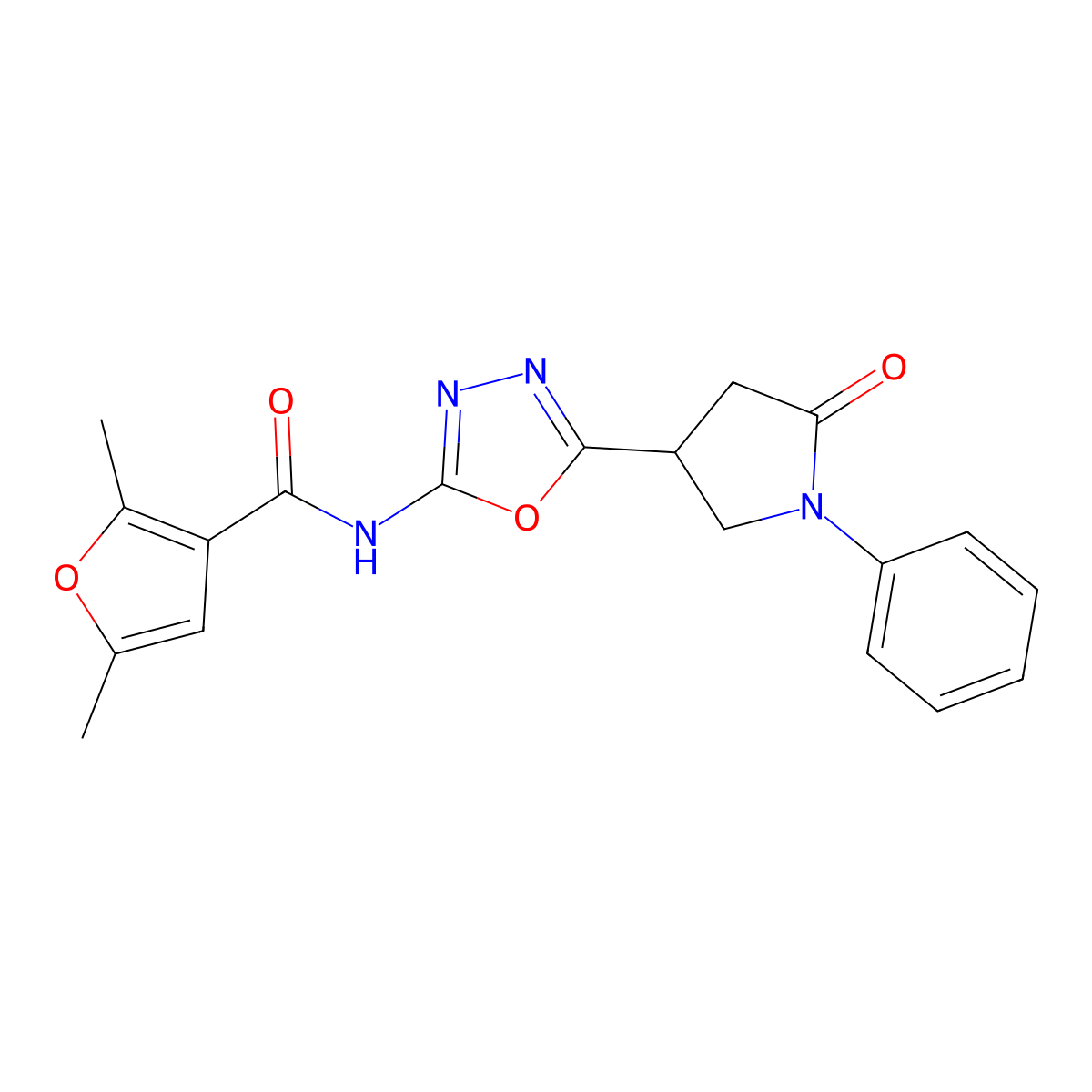 2,5-dimethyl-N-[5-(5-oxo-1-phenylpyrrolidin-3-yl)-1,3,4-oxadiazol-2-yl]furan-3-carboxamide molecular structure, CAS 1334375-58-4