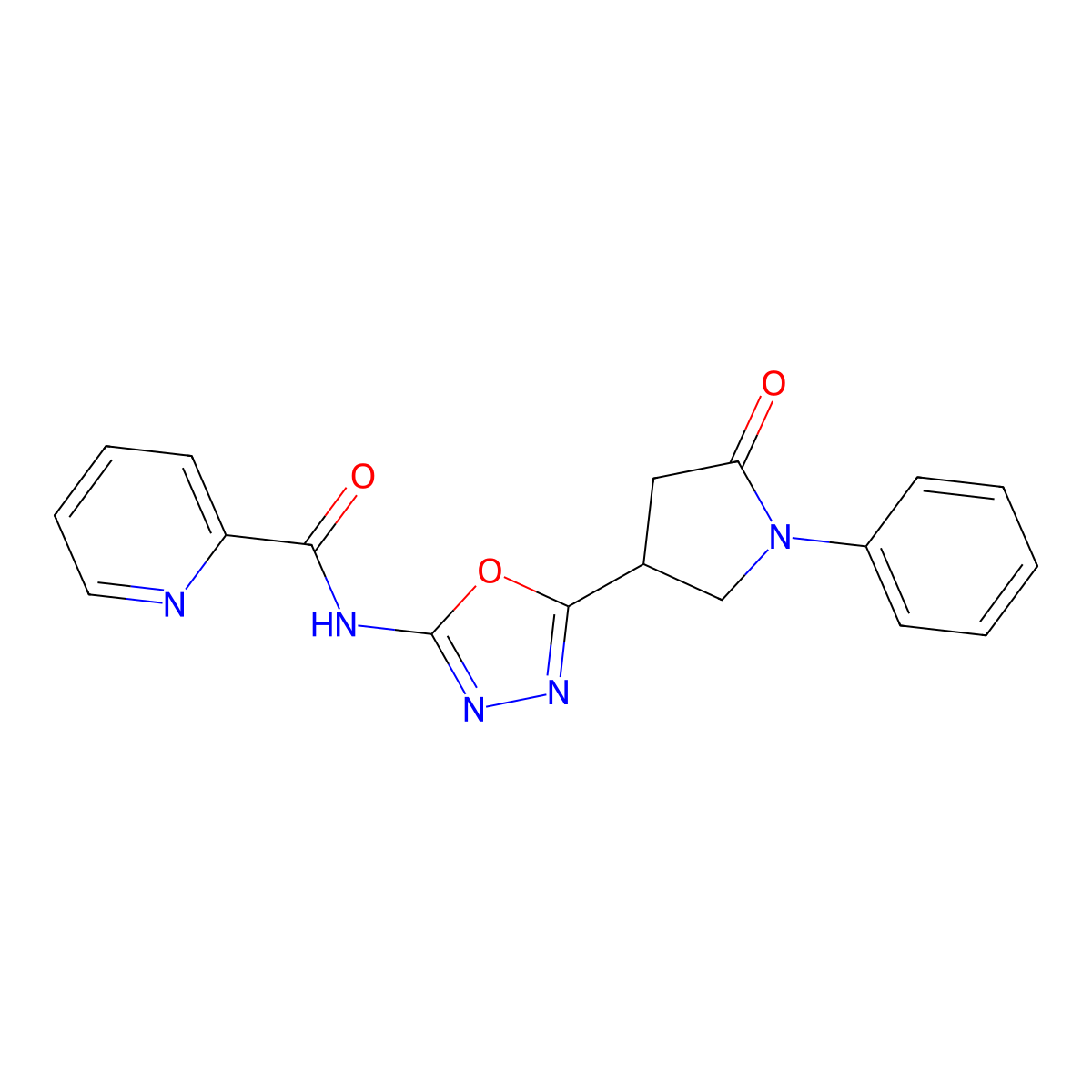 N-(5-(5-oxo-1-phenylpyrrolidin-3-yl)-1,3,4-oxadiazol-2-yl)picolinamide molecular structure, CAS 1334375-64-2