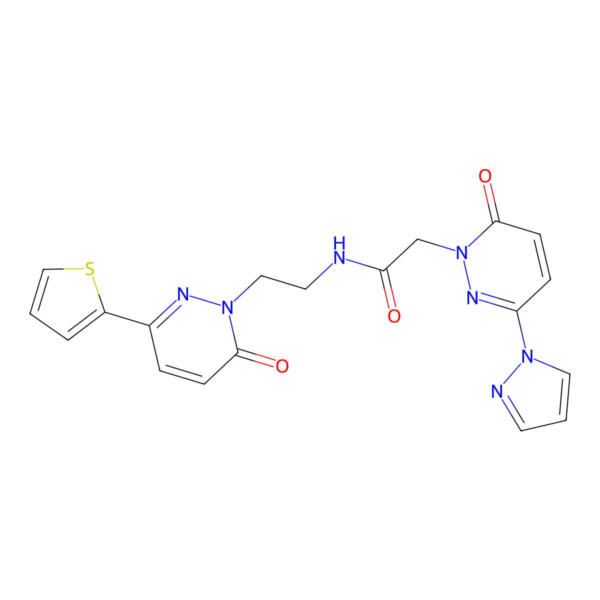 2-(6-oxo-3-(1H-pyrazol-1-yl)pyridazin-1(6H)-yl)-N-(2-(6-oxo-3-(thiophen-2-yl)pyridazin-1(6H)-yl)ethyl)acetamide molecular structure, CAS 1334375-65-3