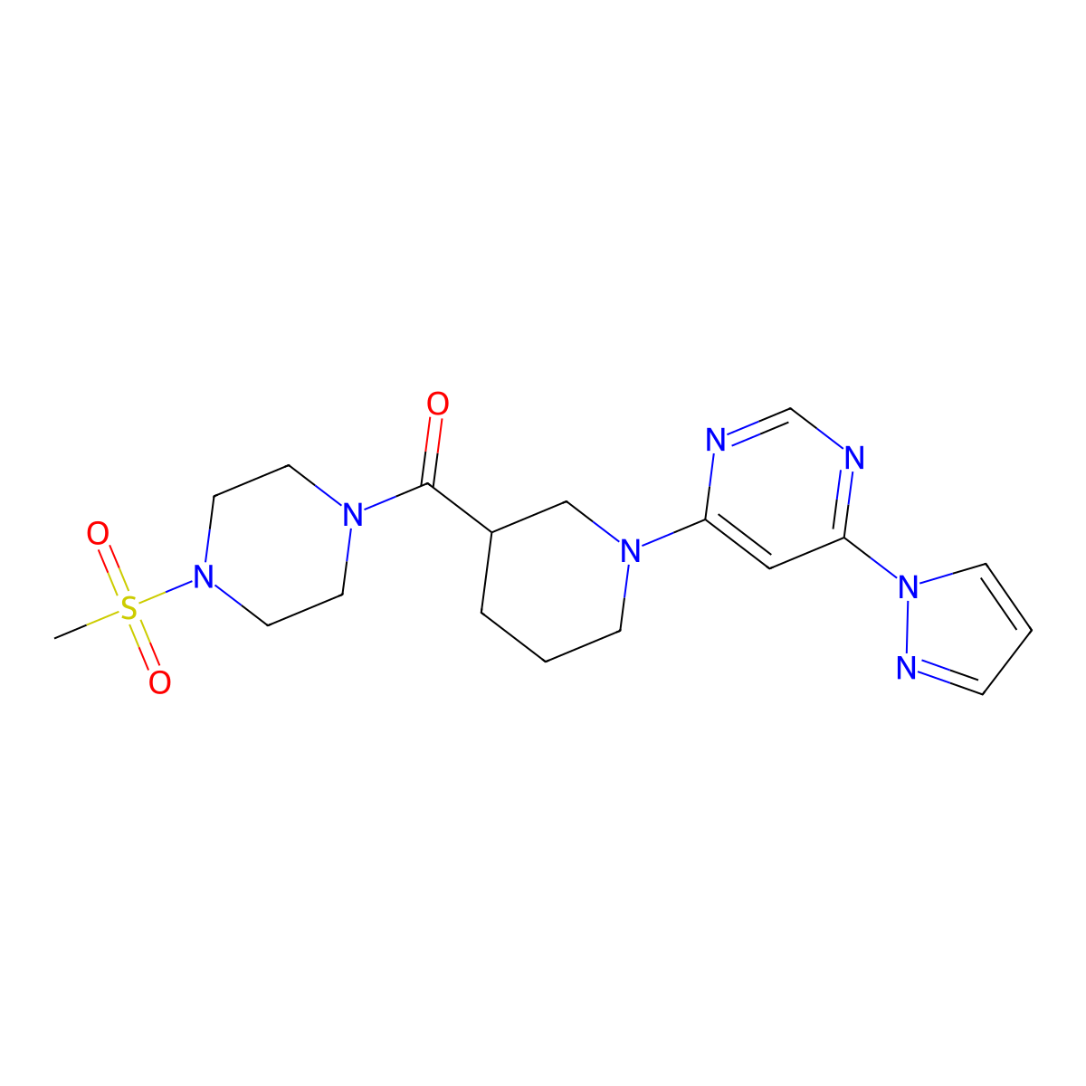 (1-(6-(1H-pyrazol-1-yl)pyrimidin-4-yl)piperidin-3-yl)(4-(methylsulfonyl)piperazin-1-yl)methanone molecular structure, CAS 1334375-73-3