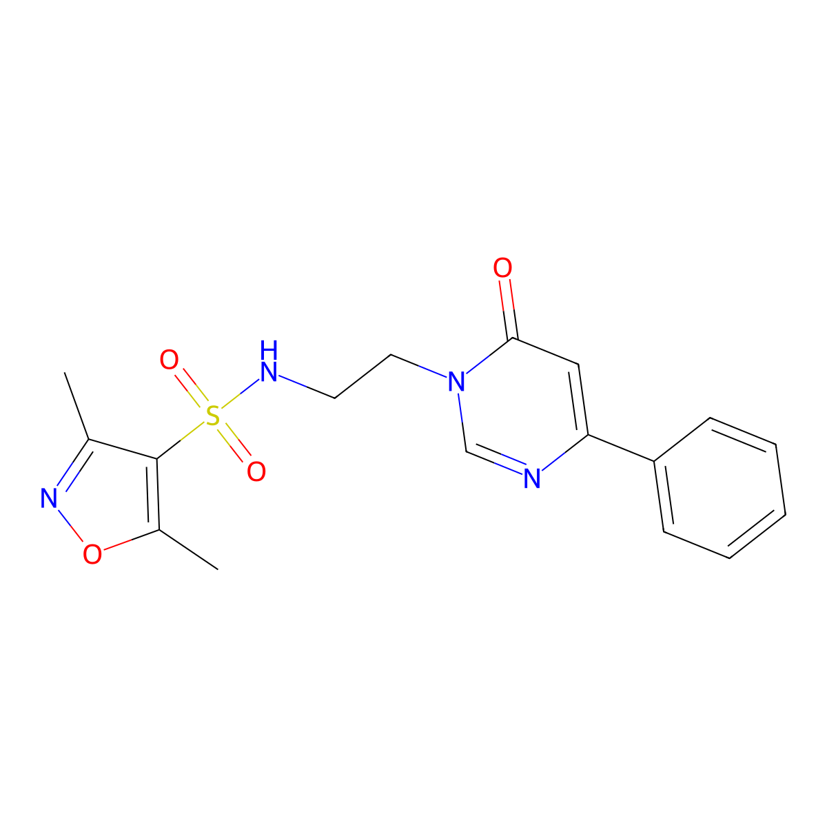 3,5-dimethyl-N-(2-(6-oxo-4-phenylpyrimidin-1(6H)-yl)ethyl)isoxazole-4-sulfonamide molecular structure, CAS 1334375-76-6