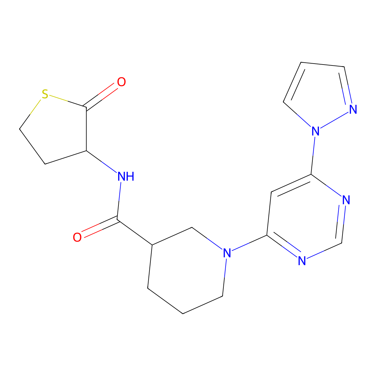 1-(6-(1H-pyrazol-1-yl)pyrimidin-4-yl)-N-(2-oxotetrahydrothiophen-3-yl)piperidine-3-carboxamide molecular structure, CAS 1334375-78-8