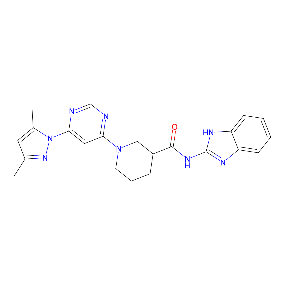 N-(1H-benzo[d]imidazol-2-yl)-1-(6-(3,5-dimethyl-1H-pyrazol-1-yl)pyrimidin-4-yl)piperidine-3-carboxamide molecular structure, CAS 1334375-82-4