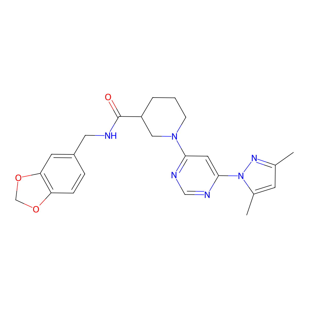 N-(benzo[d][1,3]dioxol-5-ylmethyl)-1-(6-(3,5-dimethyl-1H-pyrazol-1-yl)pyrimidin-4-yl)piperidine-3-carboxamide molecular structure, CAS 1334375-85-7