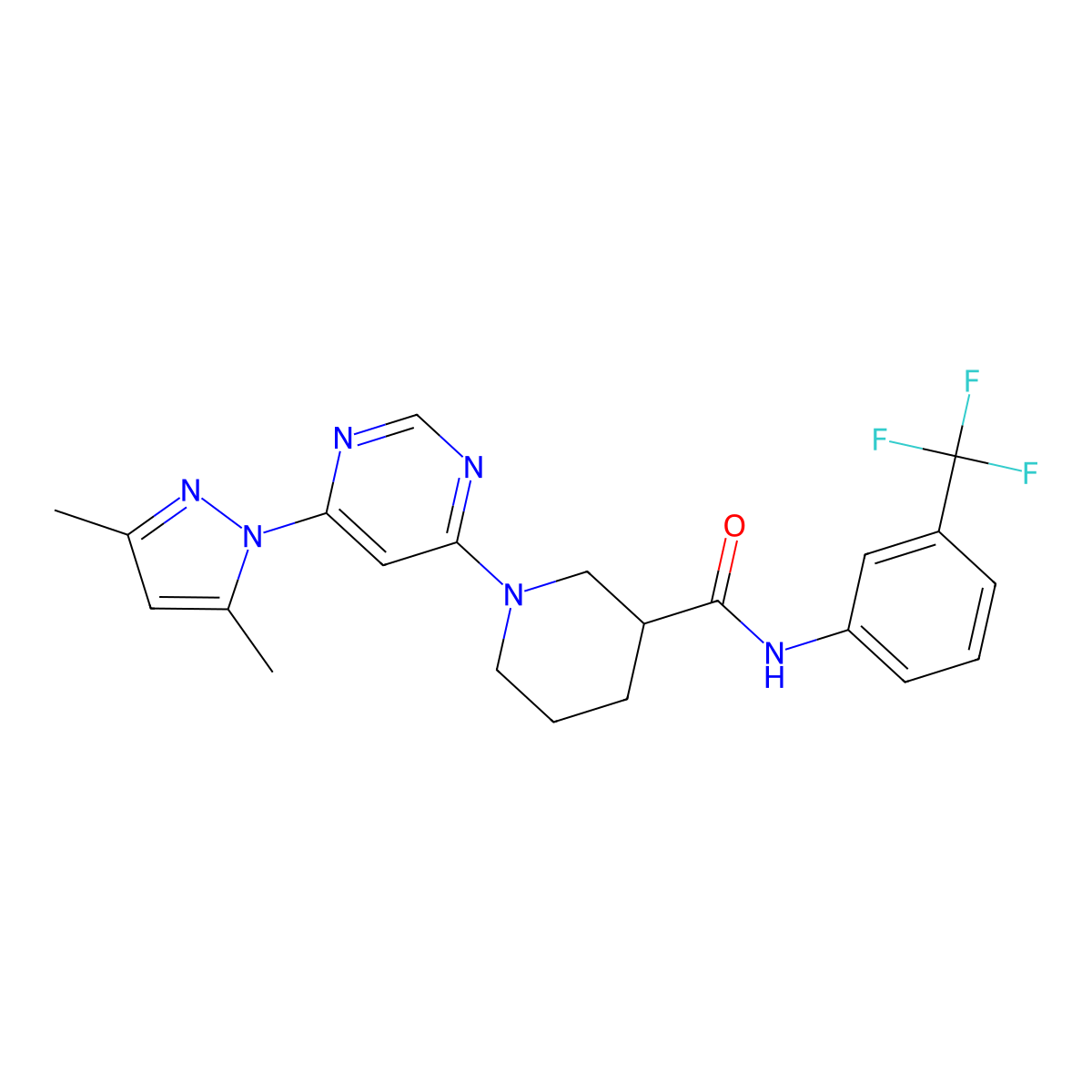 1-(6-(3,5-dimethyl-1H-pyrazol-1-yl)pyrimidin-4-yl)-N-(3-(trifluoromethyl)phenyl)piperidine-3-carboxamide molecular structure, CAS 1334375-87-9