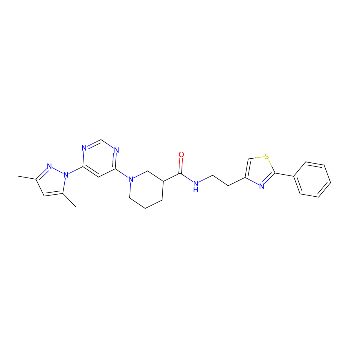 1-(6-(3,5-dimethyl-1H-pyrazol-1-yl)pyrimidin-4-yl)-N-(2-(2-phenylthiazol-4-yl)ethyl)piperidine-3-carboxamide molecular structure, CAS 1334375-90-4
