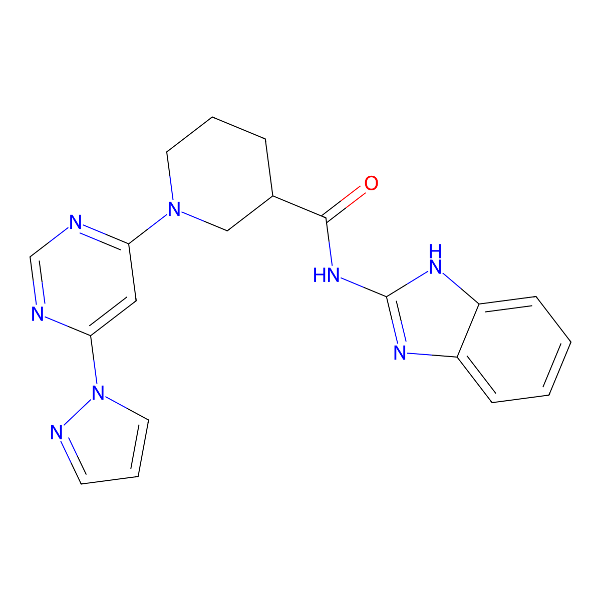 1-(6-(1H-pyrazol-1-yl)pyrimidin-4-yl)-N-(1H-benzo[d]imidazol-2-yl)piperidine-3-carboxamide molecular structure, CAS 1334375-98-2