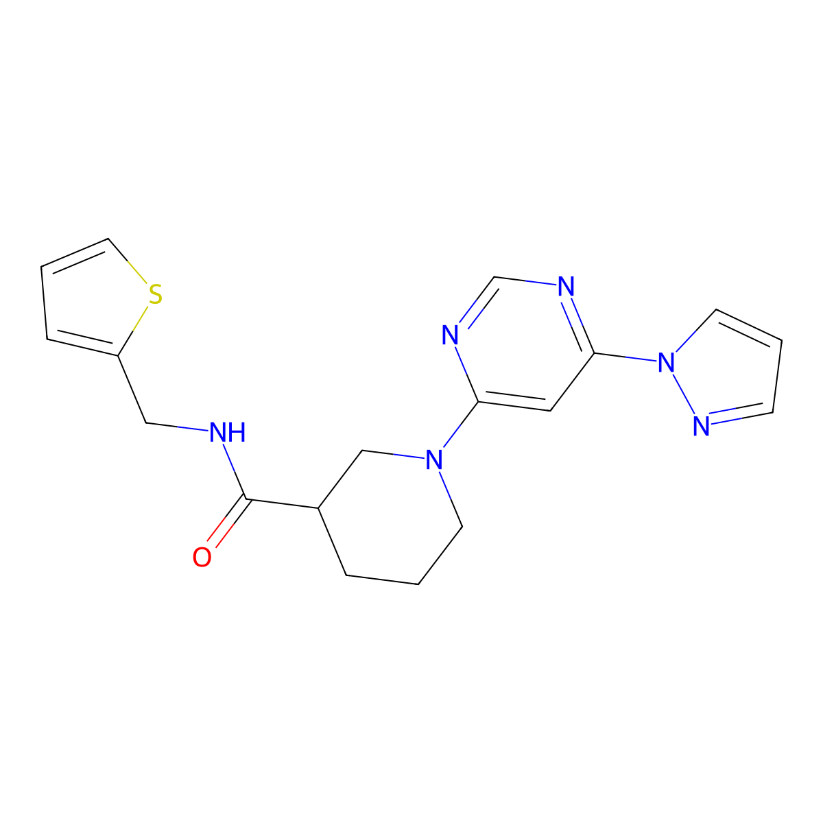 1-(6-(1H-pyrazol-1-yl)pyrimidin-4-yl)-N-(thiophen-2-ylmethyl)piperidine-3-carboxamide molecular structure, CAS 1334375-99-3