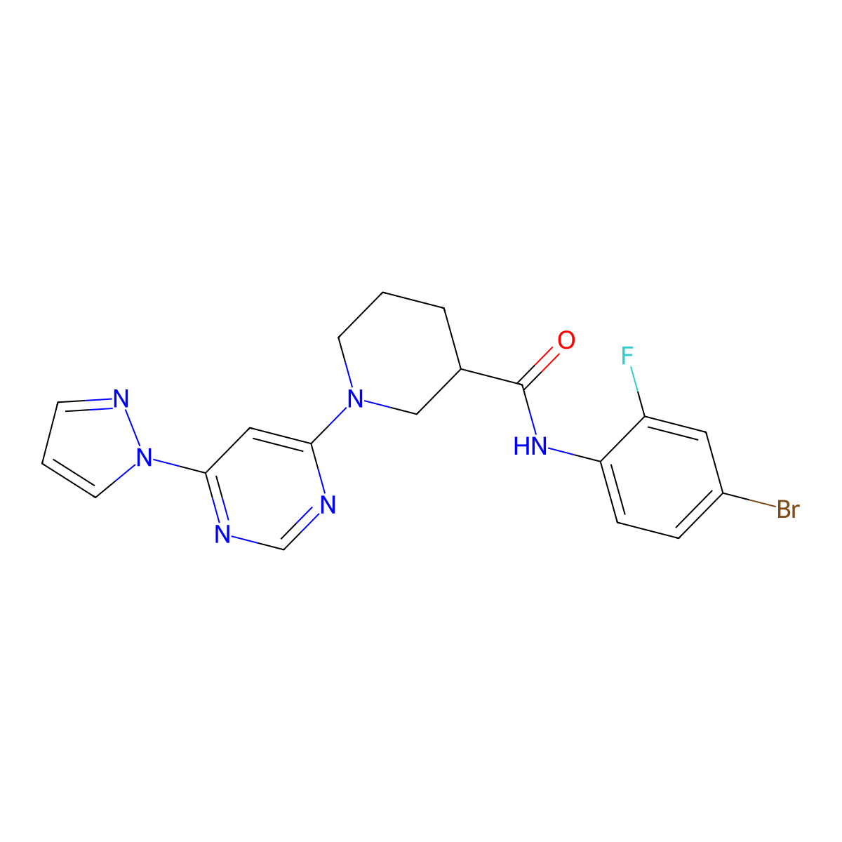 1-(6-(1H-pyrazol-1-yl)pyrimidin-4-yl)-N-(4-bromo-2-fluorophenyl)piperidine-3-carboxamide molecular structure, CAS 1334376-00-9