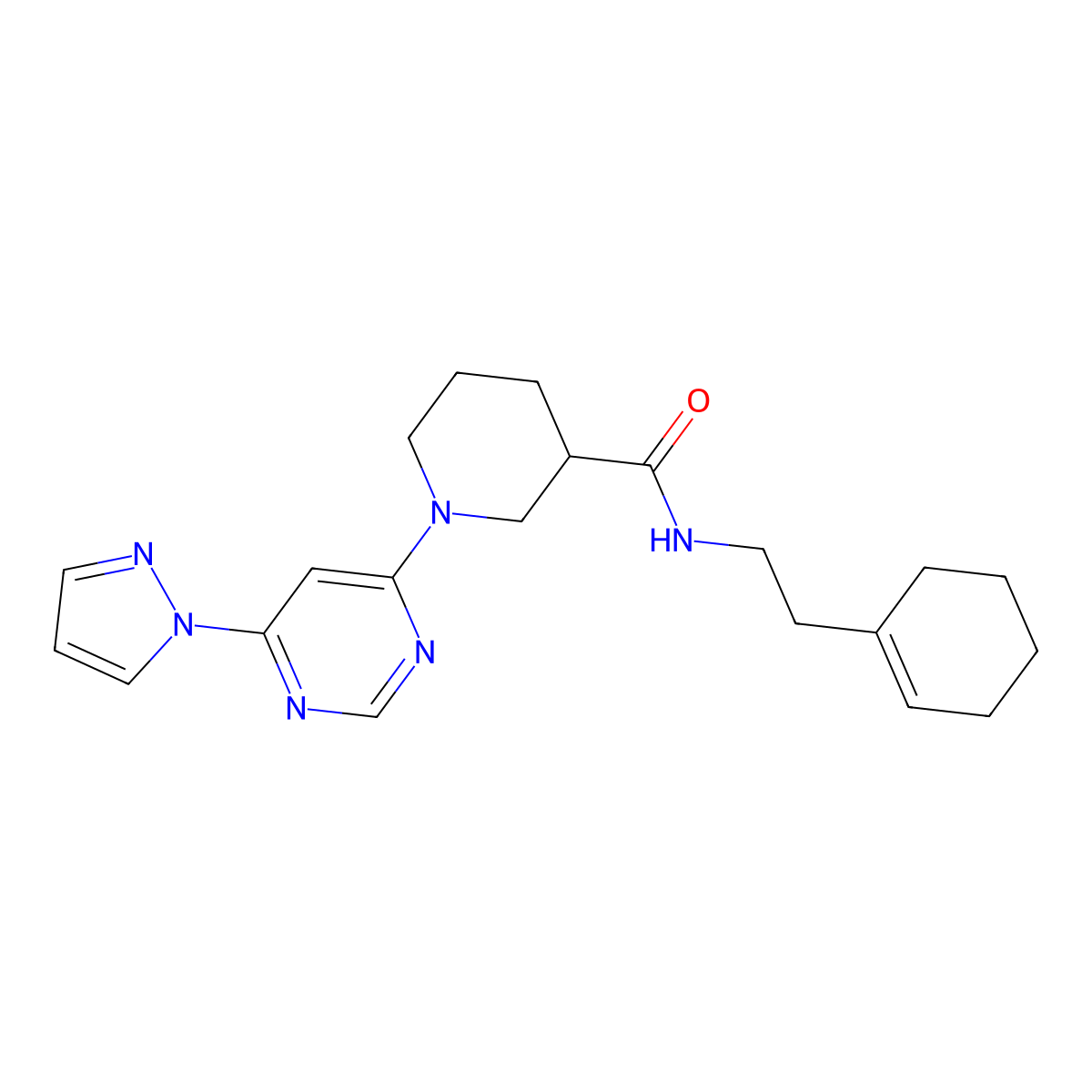 1-(6-(1H-pyrazol-1-yl)pyrimidin-4-yl)-N-(2-(cyclohex-1-en-1-yl)ethyl)piperidine-3-carboxamide molecular structure, CAS 1334376-02-1