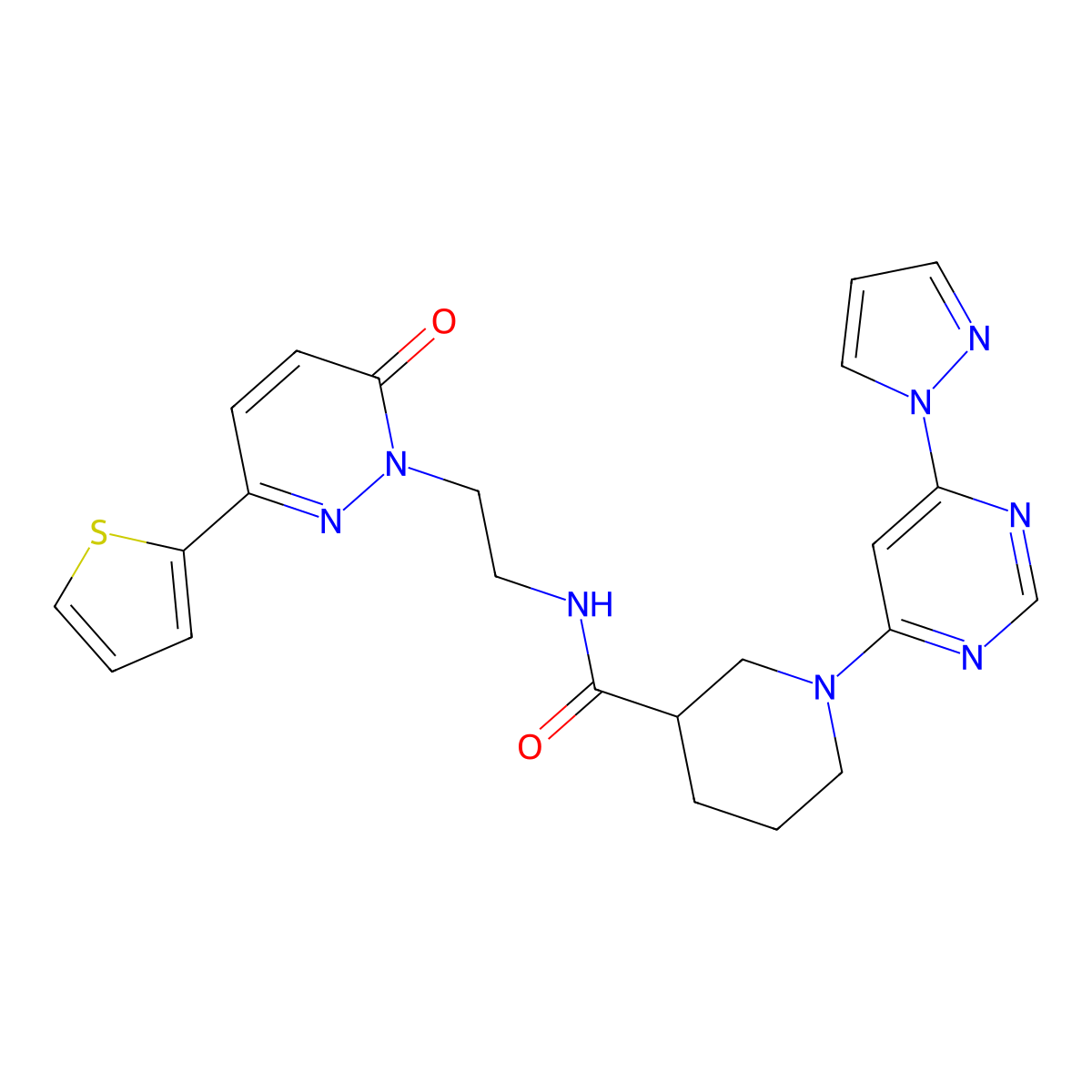 1-(6-(1H-pyrazol-1-yl)pyrimidin-4-yl)-N-(2-(6-oxo-3-(thiophen-2-yl)pyridazin-1(6H)-yl)ethyl)piperidine-3-carboxamide molecular structure, CAS 1334376-03-2
