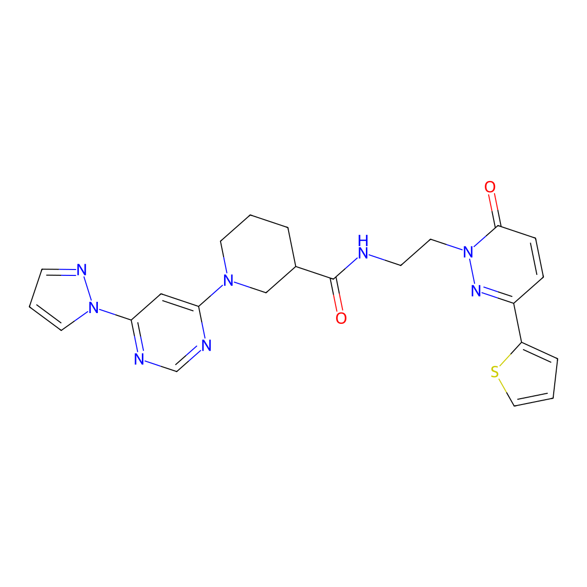 1-(6-(1H-pyrazol-1-yl)pyrimidin-4-yl)-N-(2-(6-oxo-3-(thiophen-2-yl)pyridazin-1(6H)-yl)ethyl)piperidine-3-carboxamide molecular structure, CAS 1334376-03-2