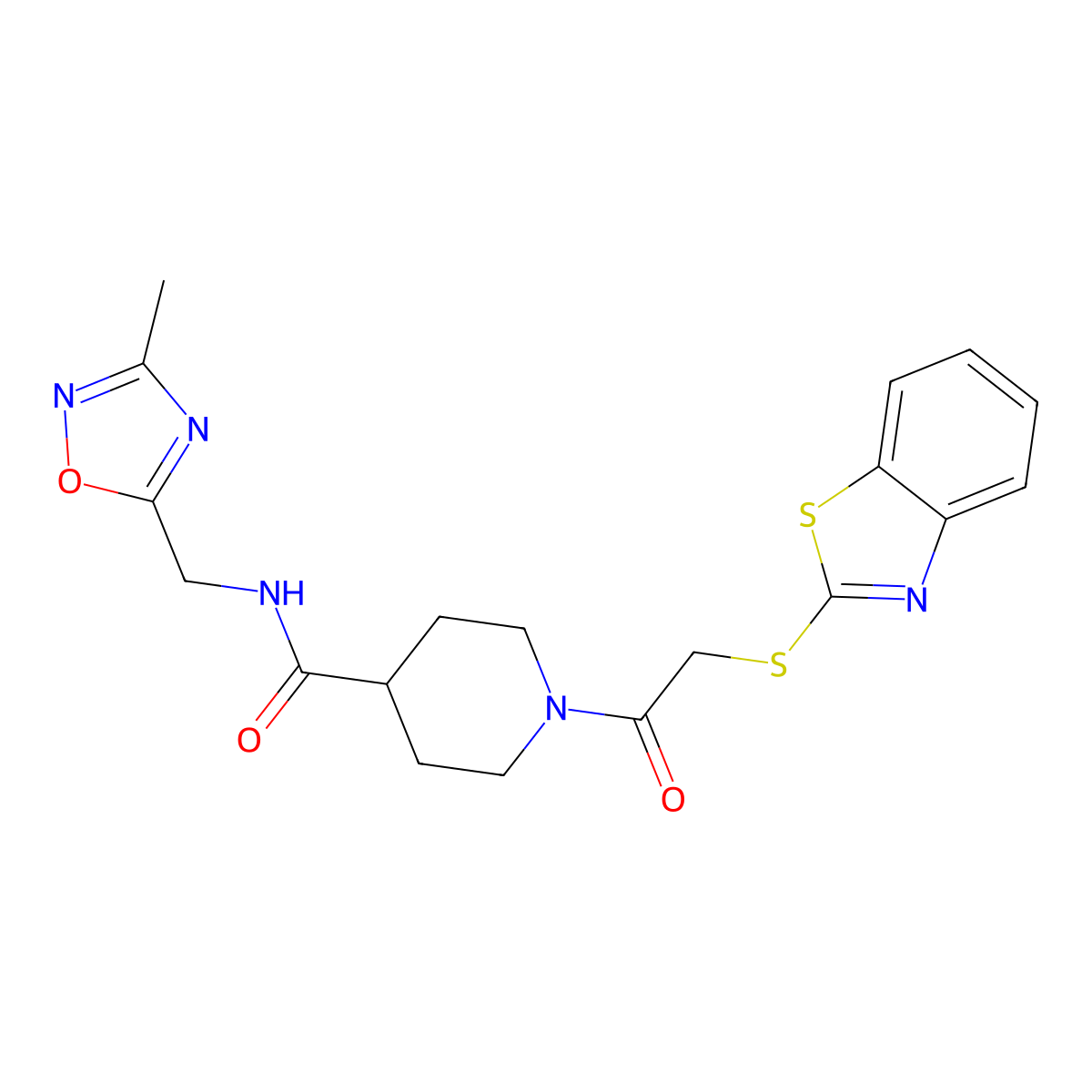 1-(2-(benzo[d]thiazol-2-ylthio)acetyl)-N-((3-methyl-1,2,4-oxadiazol-5-yl)methyl)piperidine-4-carboxamide molecular structure, CAS 1334376-06-5