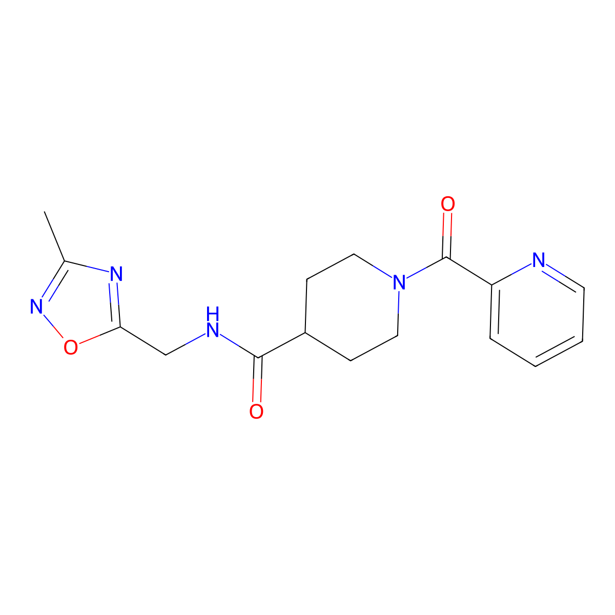 N-((3-methyl-1,2,4-oxadiazol-5-yl)methyl)-1-picolinoylpiperidine-4-carboxamide molecular structure, CAS 1334376-07-6