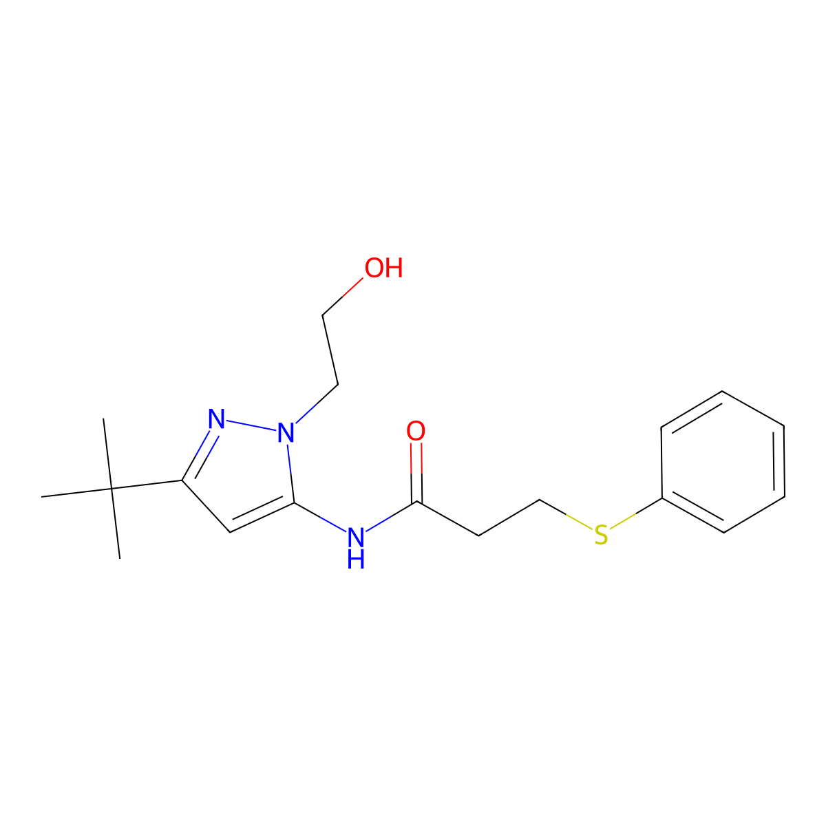N-(3-(tert-butyl)-1-(2-hydroxyethyl)-1H-pyrazol-5-yl)-3-(phenylthio)propanamide molecular structure, CAS 1334376-08-7