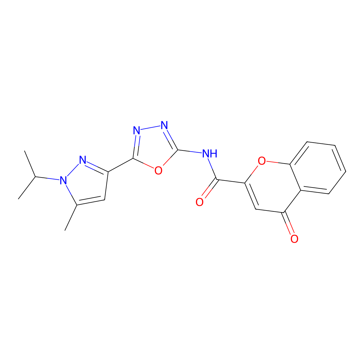 N-(5-(1-isopropyl-5-methyl-1H-pyrazol-3-yl)-1,3,4-oxadiazol-2-yl)-4-oxo-4H-chromene-2-carboxamide molecular structure, CAS 1334376-09-8