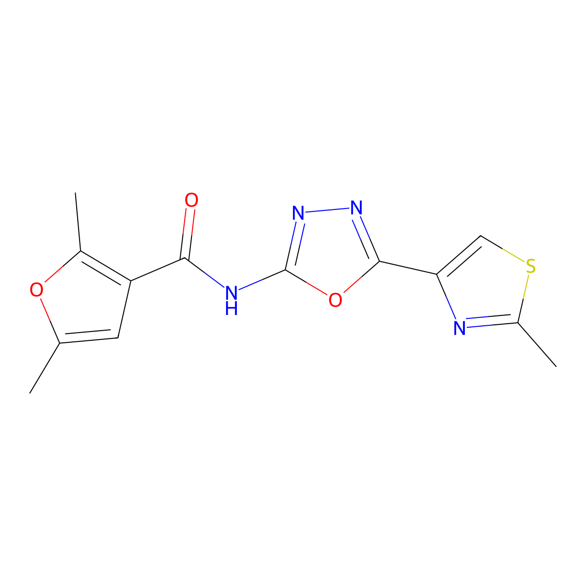 2,5-dimethyl-N-(5-(2-methylthiazol-4-yl)-1,3,4-oxadiazol-2-yl)furan-3-carboxamide molecular structure, CAS 1334376-11-2