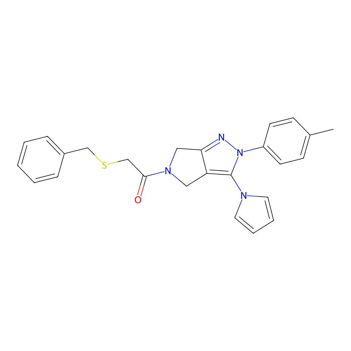 1-(3-(1H-pyrrol-1-yl)-2-(p-tolyl)pyrrolo[3,4-c]pyrazol-5(2H,4H,6H)-yl)-2-(benzylthio)ethanone molecular structure, CAS 1334376-27-0