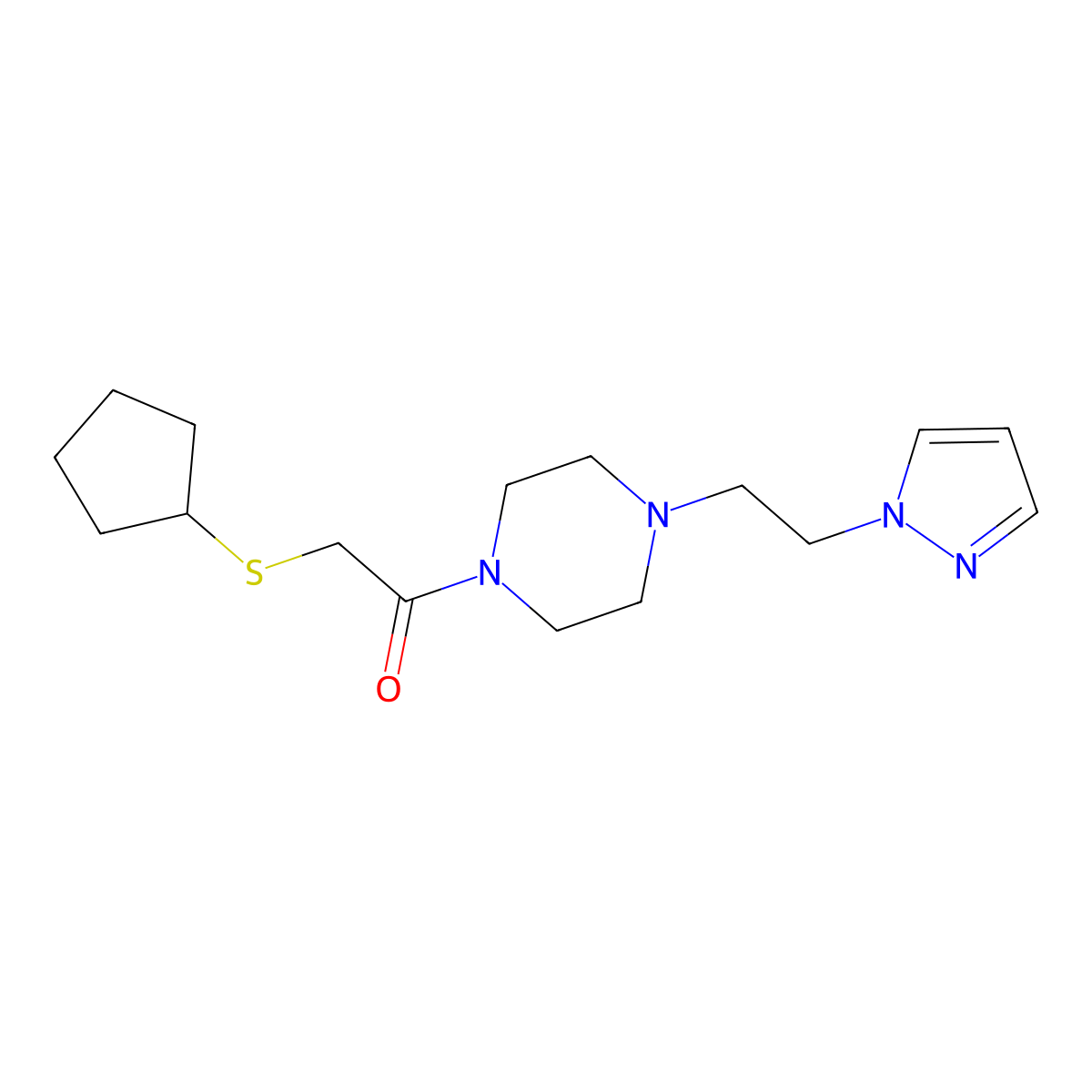 1-(4-(2-(1H-pyrazol-1-yl)ethyl)piperazin-1-yl)-2-(cyclopentylthio)ethanone molecular structure, CAS 1334376-31-6