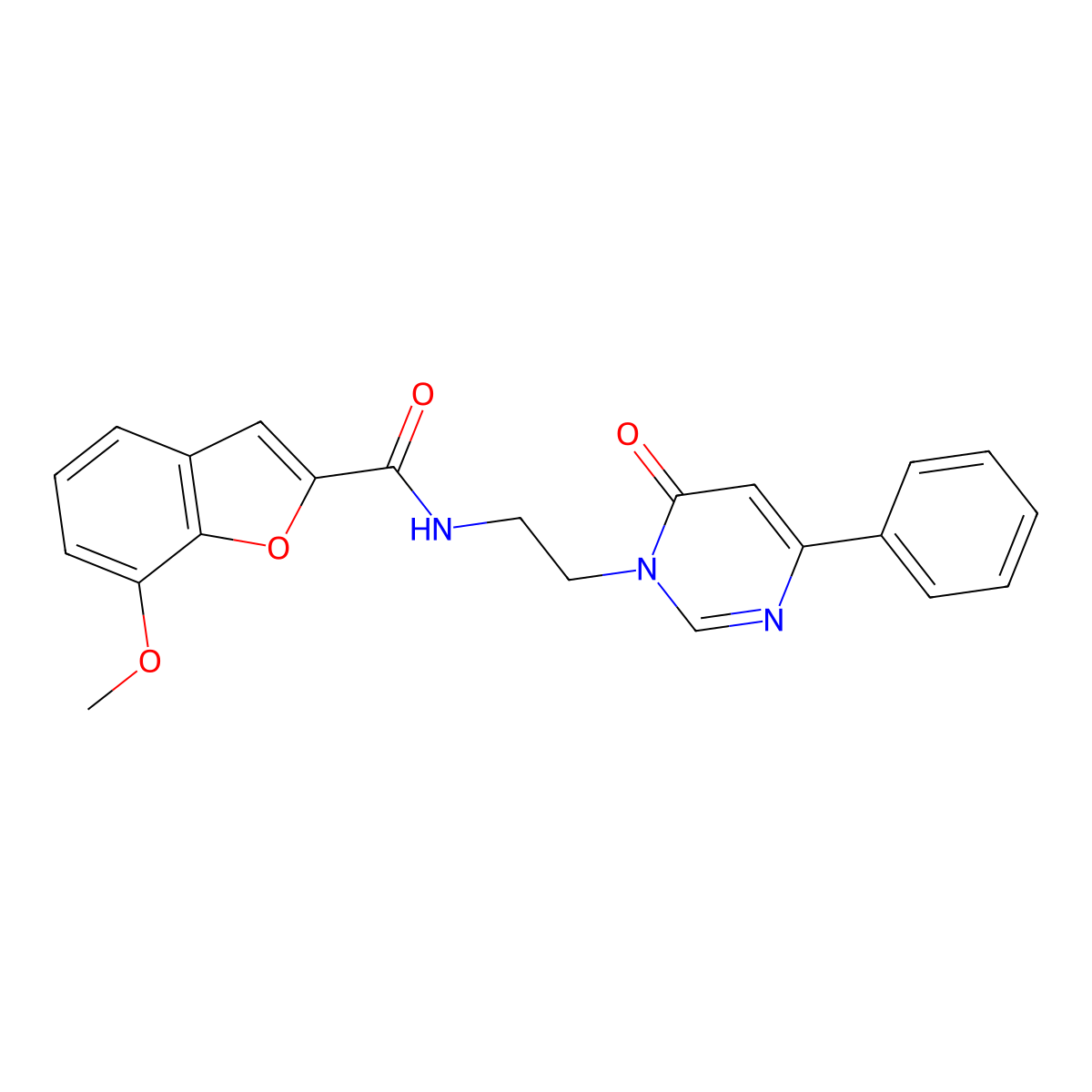 7-methoxy-N-(2-(6-oxo-4-phenylpyrimidin-1(6H)-yl)ethyl)benzofuran-2-carboxamide molecular structure, CAS 1334376-40-7