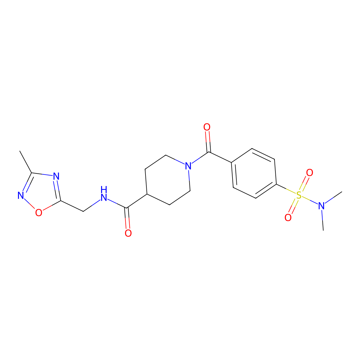 1-(4-(N,N-dimethylsulfamoyl)benzoyl)-N-((3-methyl-1,2,4-oxadiazol-5-yl)methyl)piperidine-4-carboxamide molecular structure, CAS 1334376-46-3