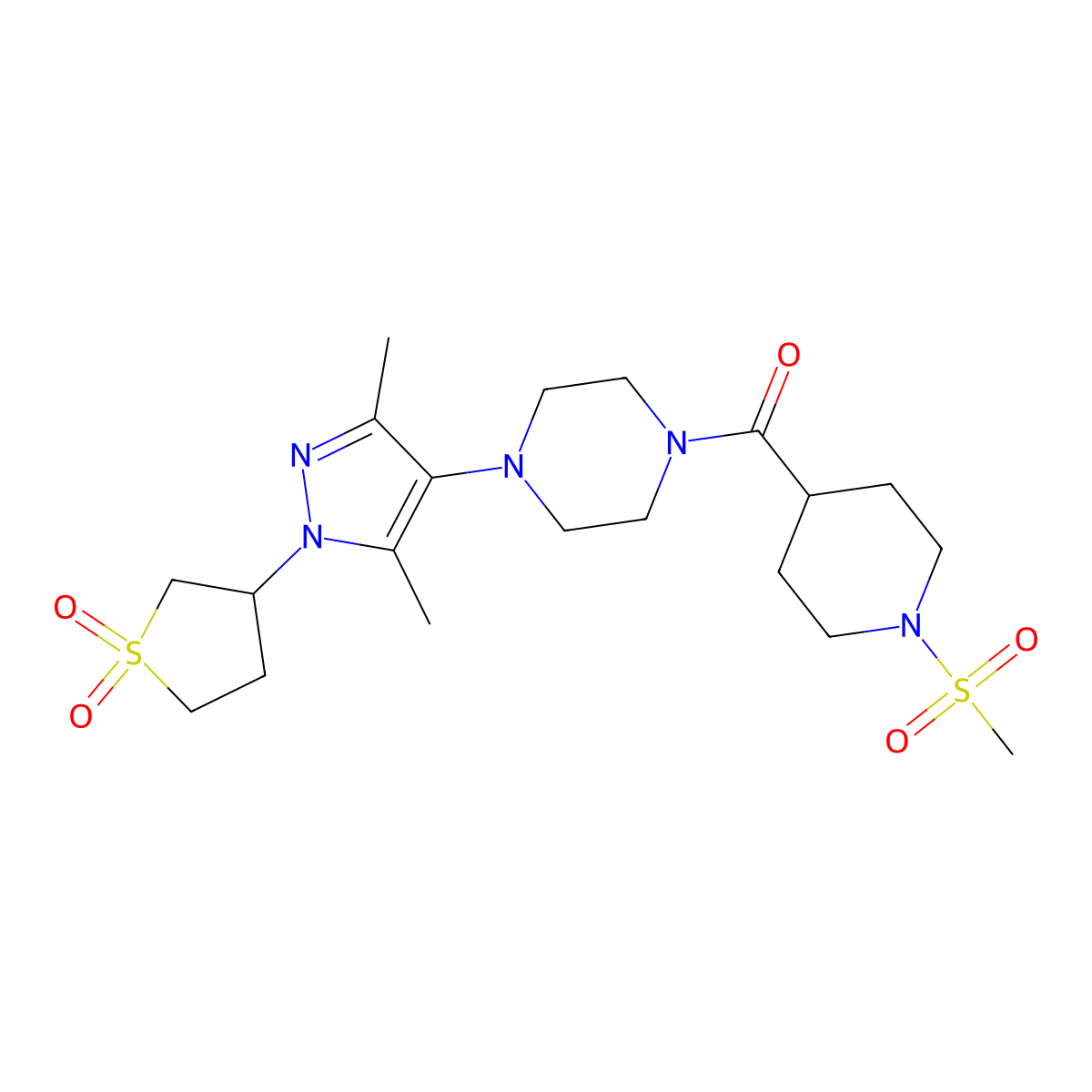 3-{4-[4-(1-methanesulfonylpiperidine-4-carbonyl)piperazin-1-yl]-3,5-dimethyl-1H-pyrazol-1-yl}-1lambda6-thiolane-1,1-dione molecular structure, CAS 1334376-57-6