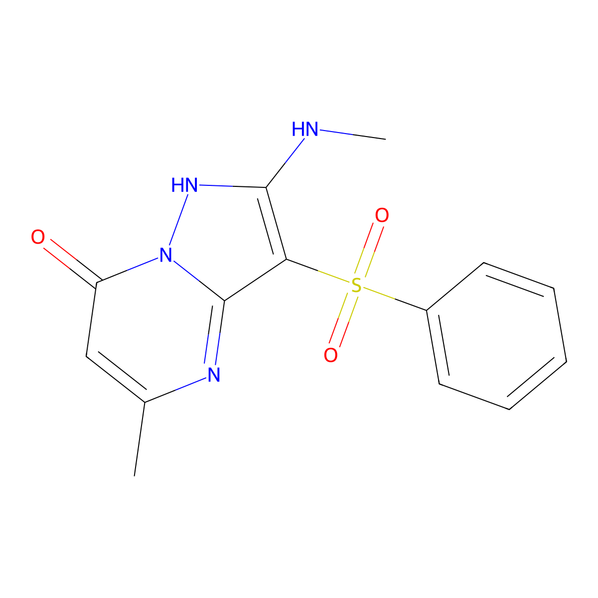 5-methyl-2-(methylamino)-3-(phenylsulfonyl)pyrazolo[1,5-a]pyrimidin-7(4H)-one molecular structure, CAS 1334489-92-7