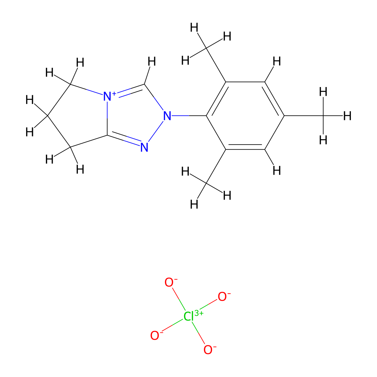 6,7-Dihydro-2-(2,4,6-trimethylphenyl)-5H-pyrrolo(2,1-c)-1,2,4-triazolium Perchlorate molecular structure, CAS 1334529-08-6