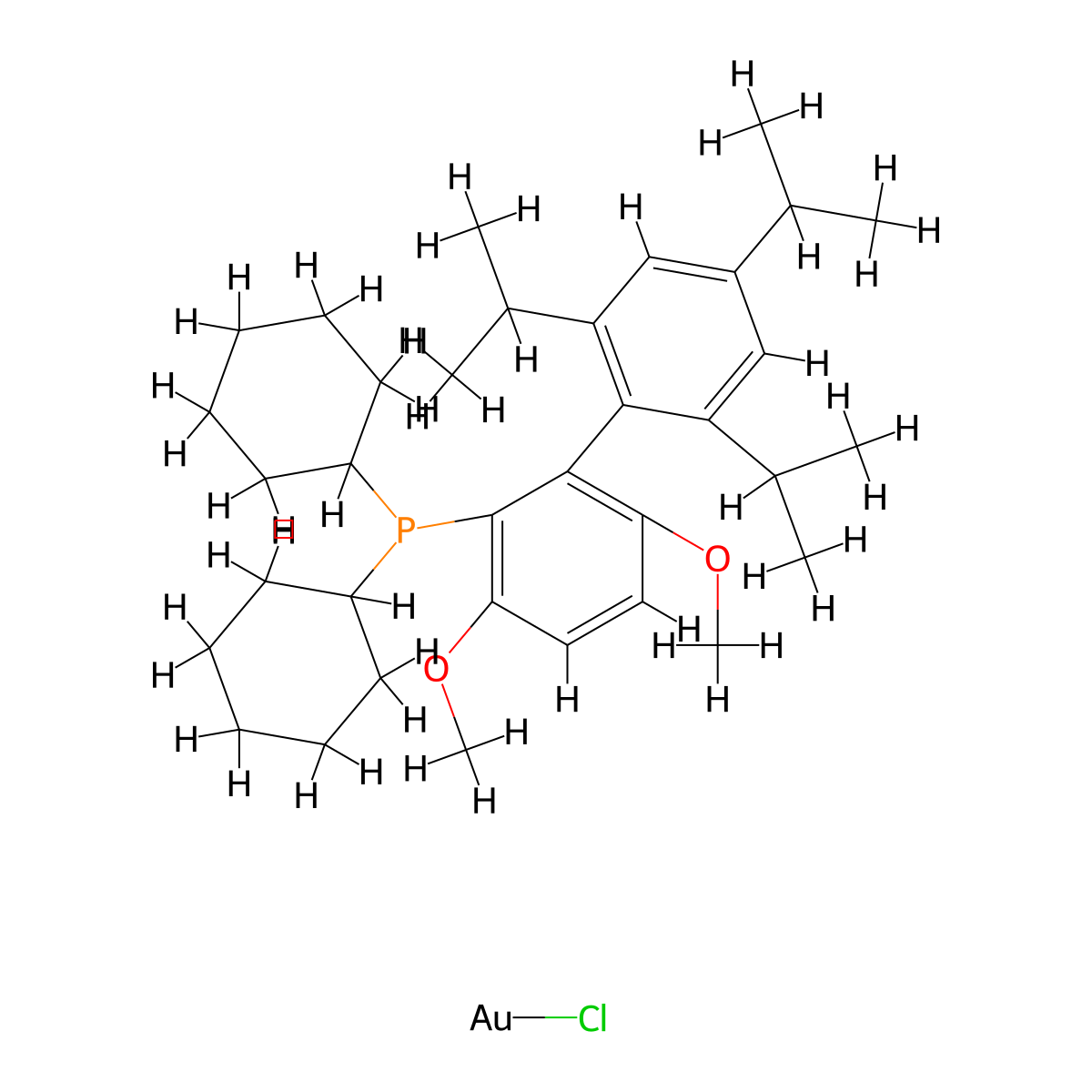 Chloro[2-(dicyclohexylphosphino)-3,6-dimethoxy-2',4',6'-triisopropyl-1,1'-biphenyl]gold(I) , BrettPhos AuCl molecular structure, CAS 1334547-75-9
