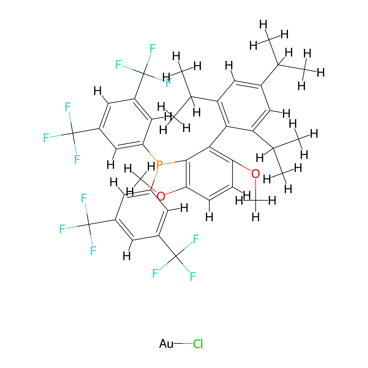 Chloro(2-{bis[3,5-bis(trifluoromethyl)phenyl]phosphino}-3,6-dimethoxy-2',4',6'-triisopropyl-1,1'-biphenyl)gold(I) , JackiePhos AuCl molecular structure, CAS 1334547-76-0