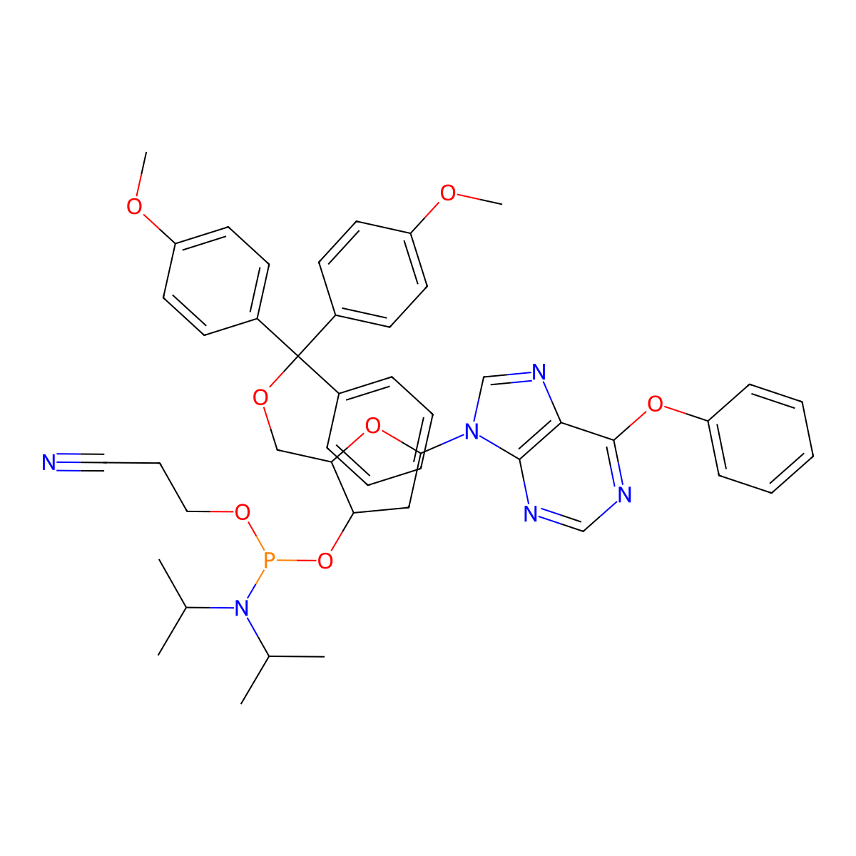 3-[[(2R,3S,5R)-2-[[Bis(4-methoxyphenyl)-phenylmethoxy]methyl]-5-(6-phenoxypurin-9-yl)oxolan-3-yl]oxy-[di(propan-2-yl)amino]phosphanyl]oxypropanenitrile molecular structure, CAS 133471-07-5