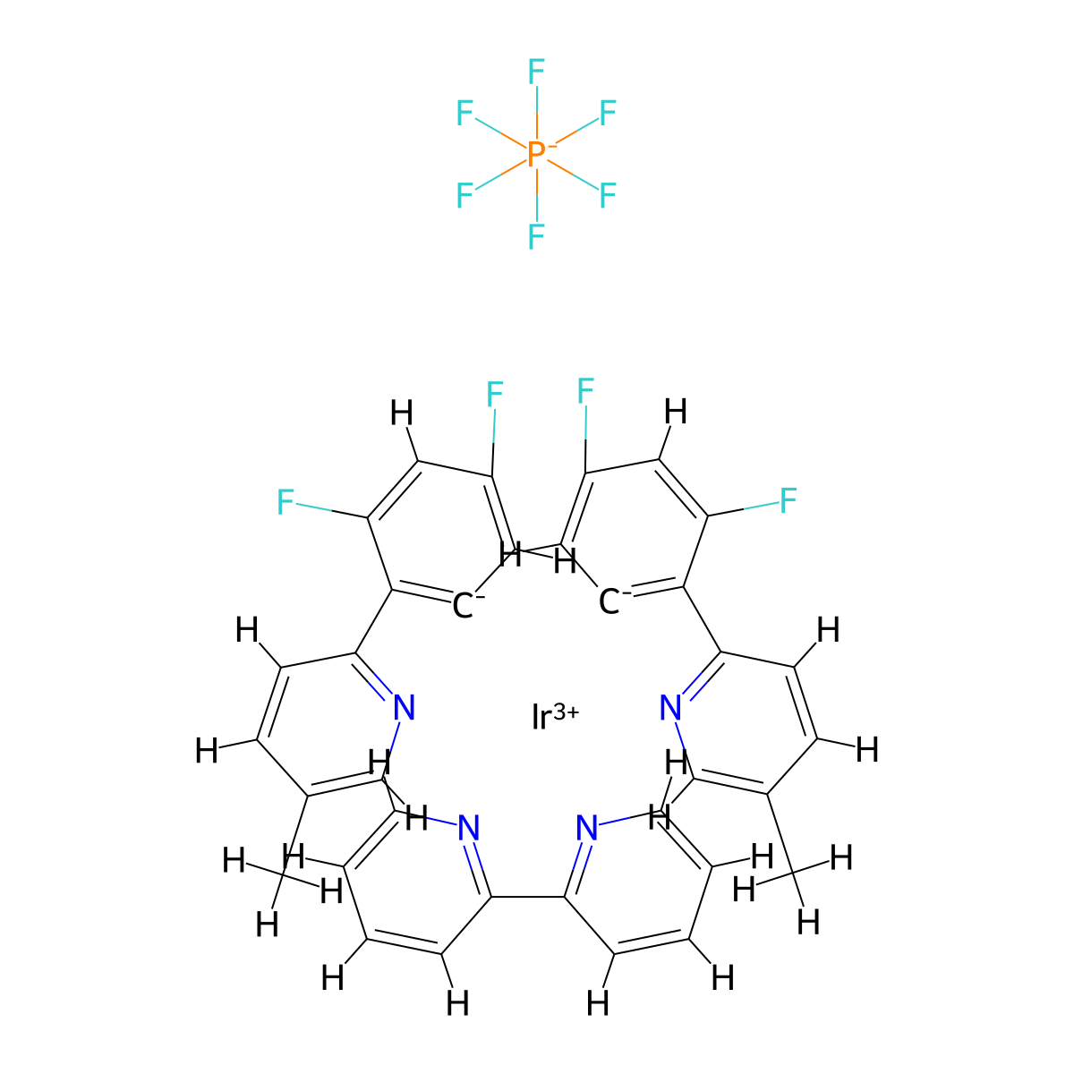 Iridium-(2,2'-bipyridine-κN1,κN1')bis[3,5-difluoro-2-(5-methyl-2-pyridinyl-κN)phenyl-κC]-(OC-6-33)-hexafluorophosphate molecular structure, CAS 1335047-29-4