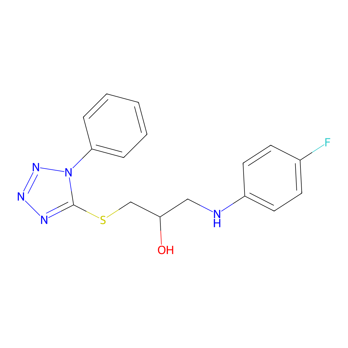2-Propanol, 1-((4-fluorophenyl)amino)-3-((1-phenyl-1H-tetrazol-5-yl)thio)- molecular structure, CAS 133506-54-4