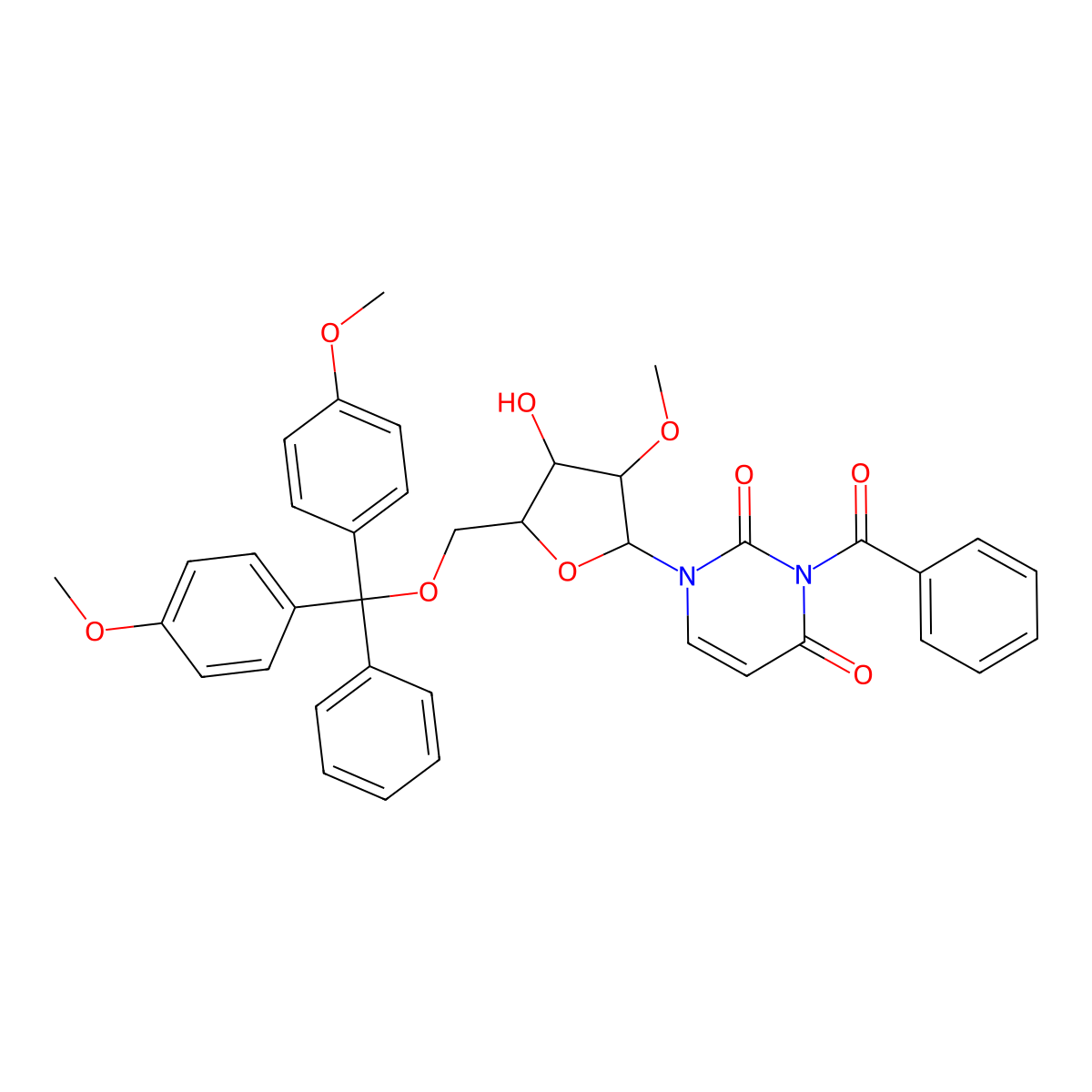 3-Benzoyl-1-((2R,3R,4R,5R)-5-((bis(4-methoxyphenyl)(phenyl)methoxy)methyl)-4-hydroxy-3-methoxytetrahydrofuran-2-yl)pyrimidine-2,4(1H,3H)-dione molecular structure, CAS 133519-11-6