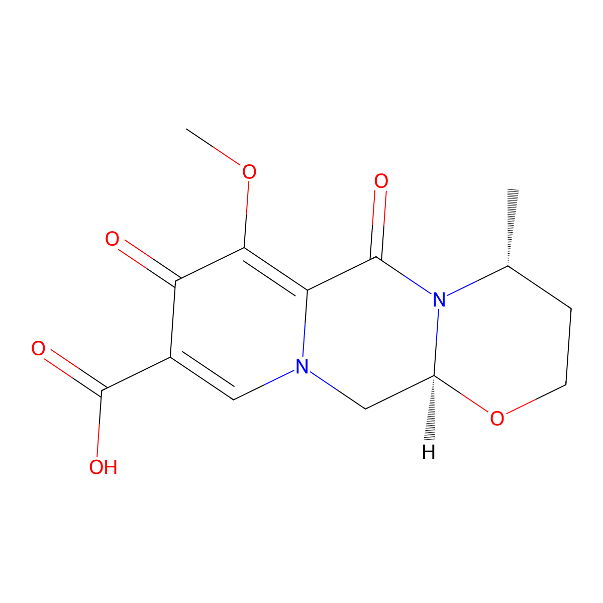 7-Methoxy-4-Methyl-6,8-dioxo-3,4,6,8,12,12a-hexahydro-2H-(1,3)oxazino(3,2-d)pyrido(1,2-a)pyrazine-9-carboxylic acid, (4R,12AS)- molecular structure, CAS 1335210-34-8