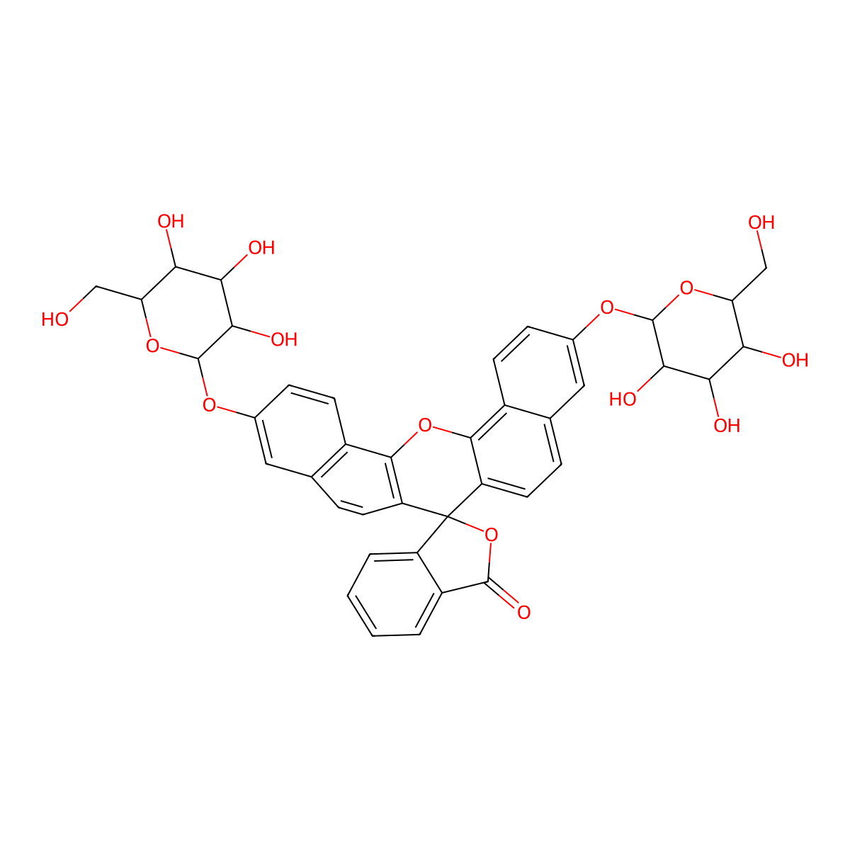 7'-[(2S,3R,4S,5R,6R)-3,4,5-trihydroxy-6-(hydroxymethyl)oxan-2-yl]oxy-19'-[(3R,4S,5R,6R)-3,4,5-trihydroxy-6-(hydroxymethyl)oxan-2-yl]oxyspiro[2-benzofuran-3,13'-2-oxapentacyclo[12.8.0.03,12.04,9.017,22]docosa-1(14),3(12),4(9),5,7,10,15,17(22),18,20-decaene]-1-one molecular structure, CAS 133551-98-1
