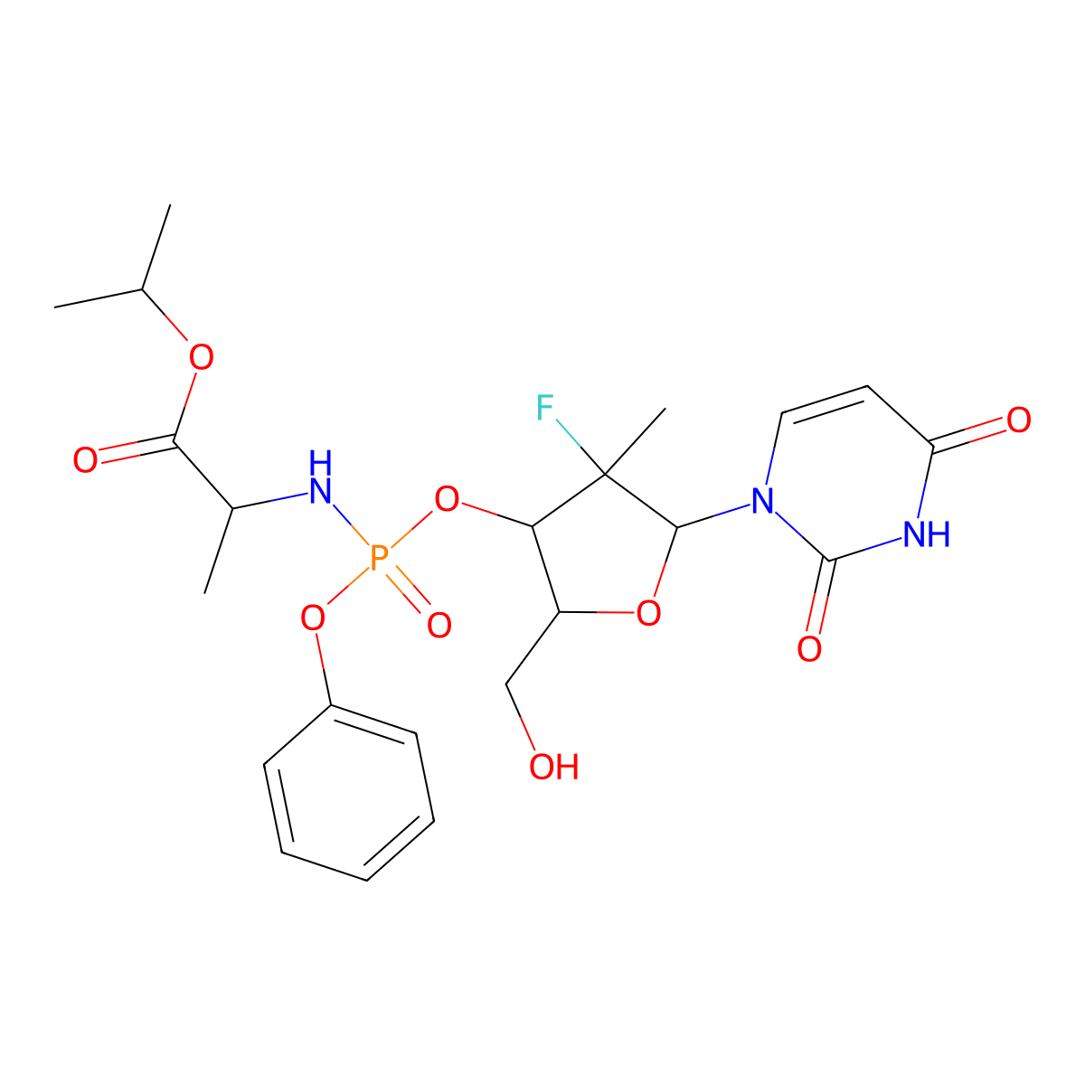 (S)-isopropyl 2-(((S)-(((2R,3R,4R,5R)-5-(2,4-dioxo-3,4-dihydropyriMidin-1(2H)-yl)-4-fluoro-2-(hydroxyMethyl)-4-Methyltetrahydrofuran-3-yl)oxy)(phenoxy)phosphoryl)aMino)propanoate molecular structure, CAS 1337482-15-1