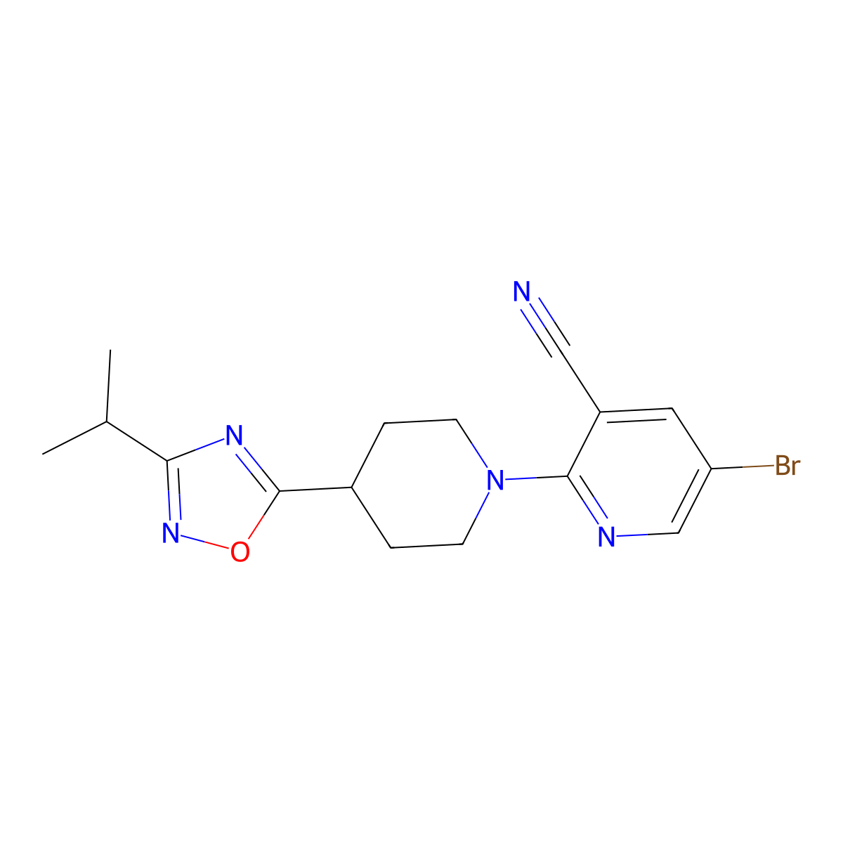 5-Bromo-2-(4-(3-isopropyl-1,2,4-oxadiazol-5-yl)piperidin-1-yl)nicotinonitrile molecular structure, CAS 1337524-54-5