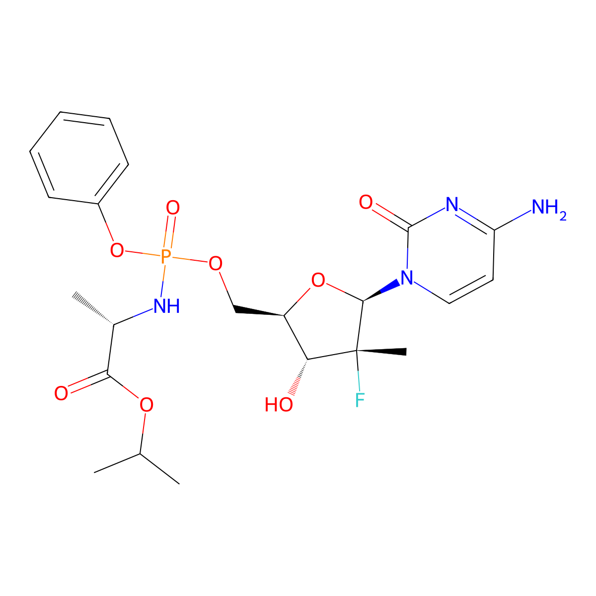 Isopropyl ((((2R,3R,4R,5R)-5-(4-amino-2-oxopyrimidin-1(2H)-yl)-4-fluoro-3-hydroxy-4-methyltetrahydrofuran-2-yl)methoxy)(phenoxy)phosphoryl)-L-alaninate molecular structure, CAS 1337529-49-3