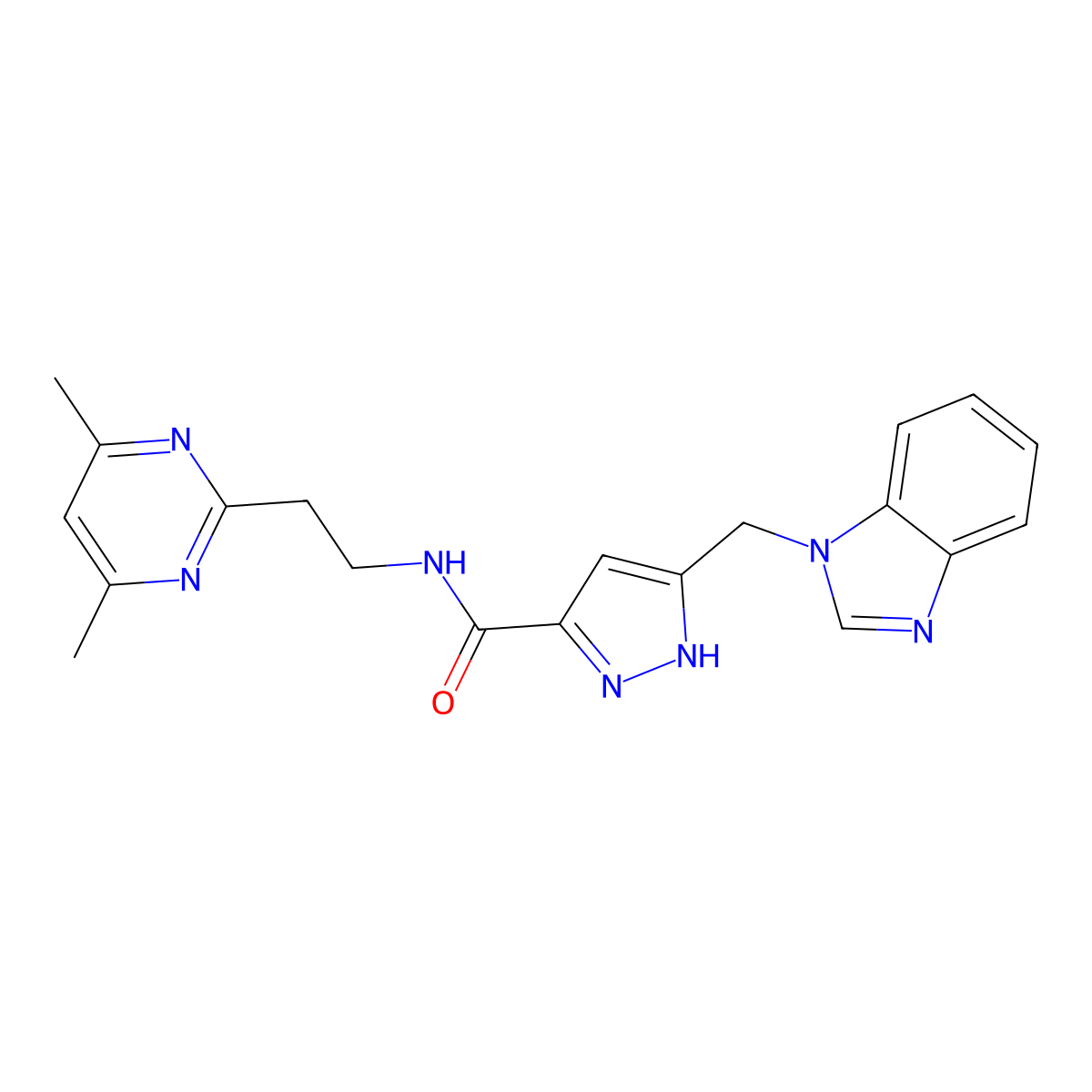 5-(1H-benzimidazol-1-ylmethyl)-N-[2-(4,6-dimethylpyrimidin-2-yl)ethyl]-1H-pyrazole-3-carboxamide molecular structure, CAS 1338074-38-6