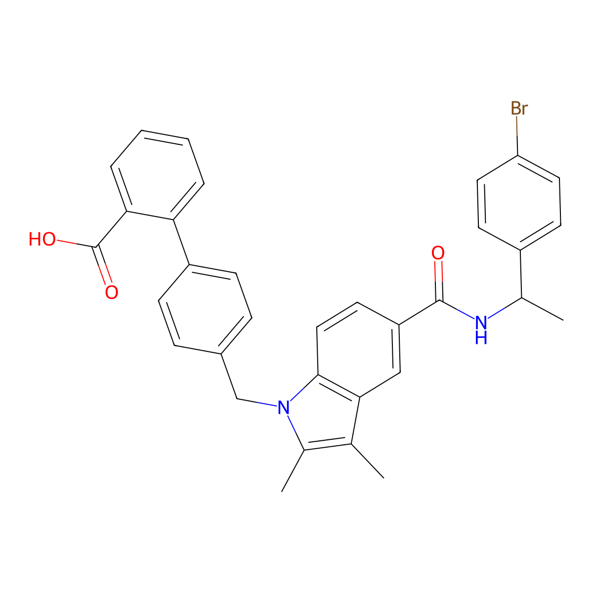(S)-4'-((5-(1-(4-bromophenyl)ethylcarbamoyl)-2,3-dimethyl-1H-indol-1-yl)methyl)biphenyl-2-carboxylic acid molecular structure, CAS 1338259-06-5