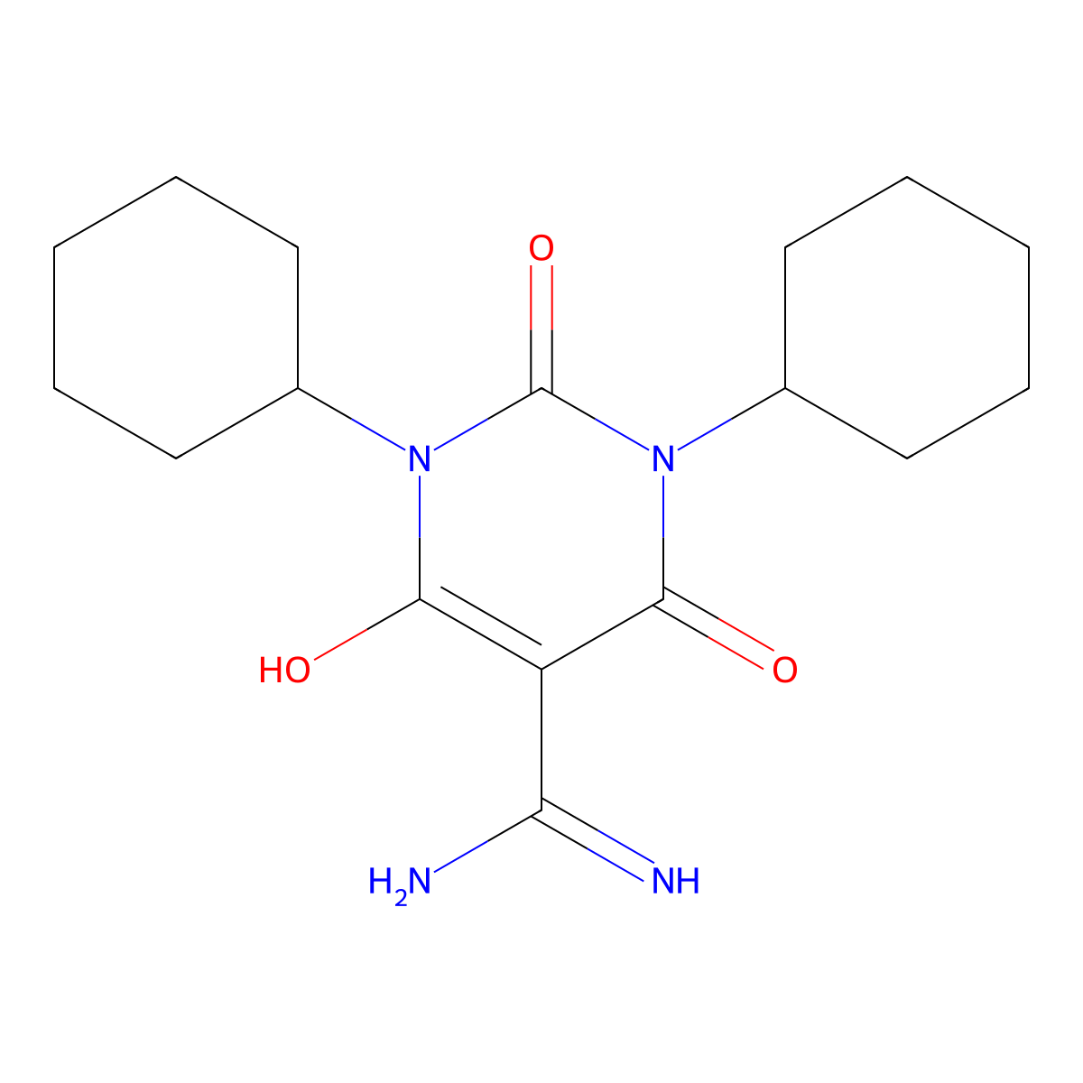 1,3-Dicyclohexyl-6-hydroxy-2,4-dioxo-1,2,3,4-tetrahydropyrimidine-5-carboximidamide molecular structure, CAS 1338495-21-8