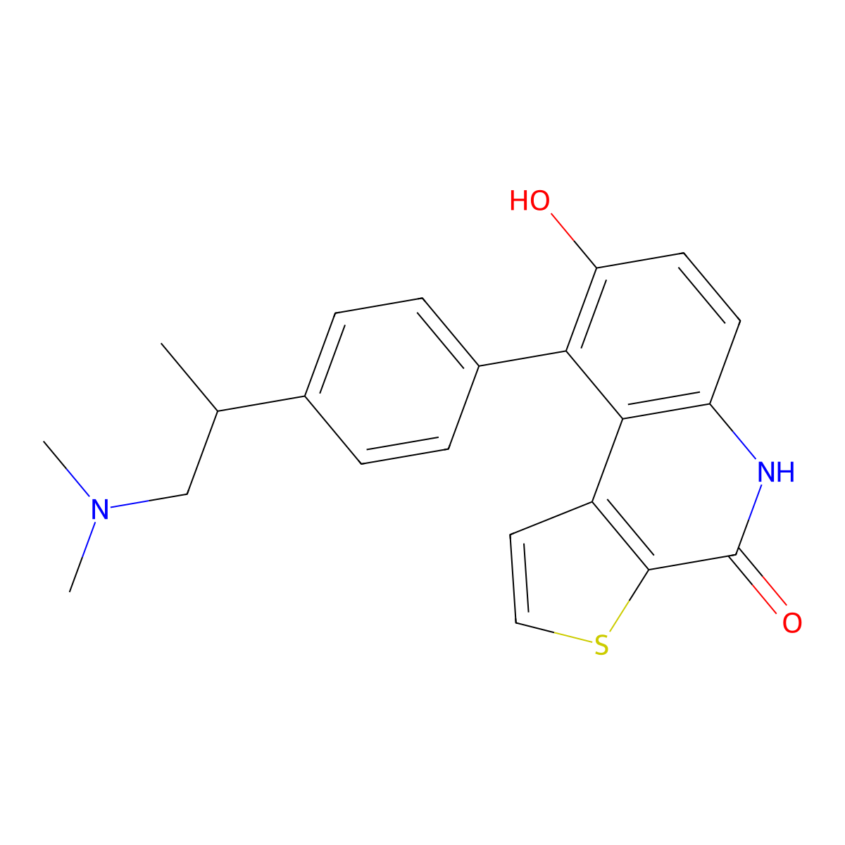 (R)-9-(4-(1-(dimethylamino)propan-2-yl)phenyl)-8-hydroxythieno(2,3-c)quinolin-4(5H)-one molecular structure, CAS 1338540-81-0