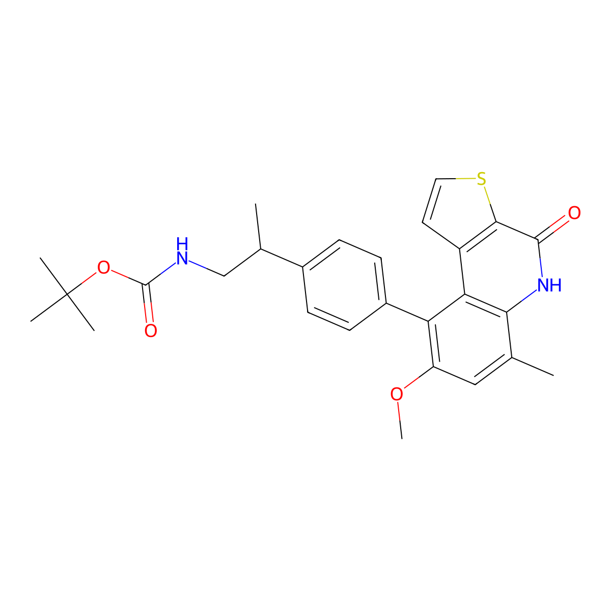 (R)-tert-Butyl 2-(4-(8-methoxy-6-methyl-4-oxo-4,5-dihydrothieno[2,3-c]quinolin-9-yl)phenyl)propylcarbamate molecular structure, CAS 1338544-43-6