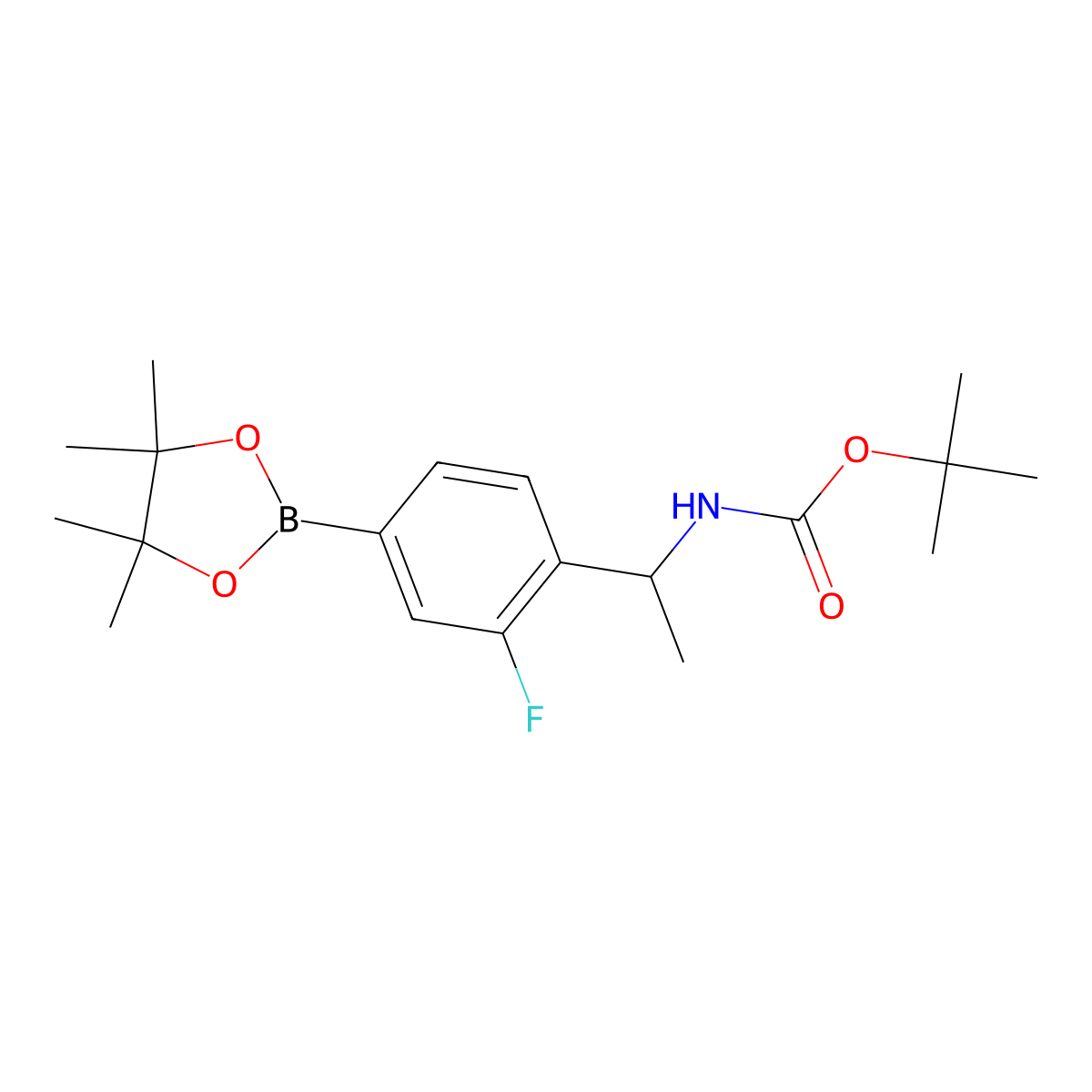 tert-butyl N-{1-[2-fluoro-4-(tetramethyl-1,3,2-dioxaborolan-2-yl)phenyl]ethyl}carbamate molecular structure, CAS 1338545-28-0