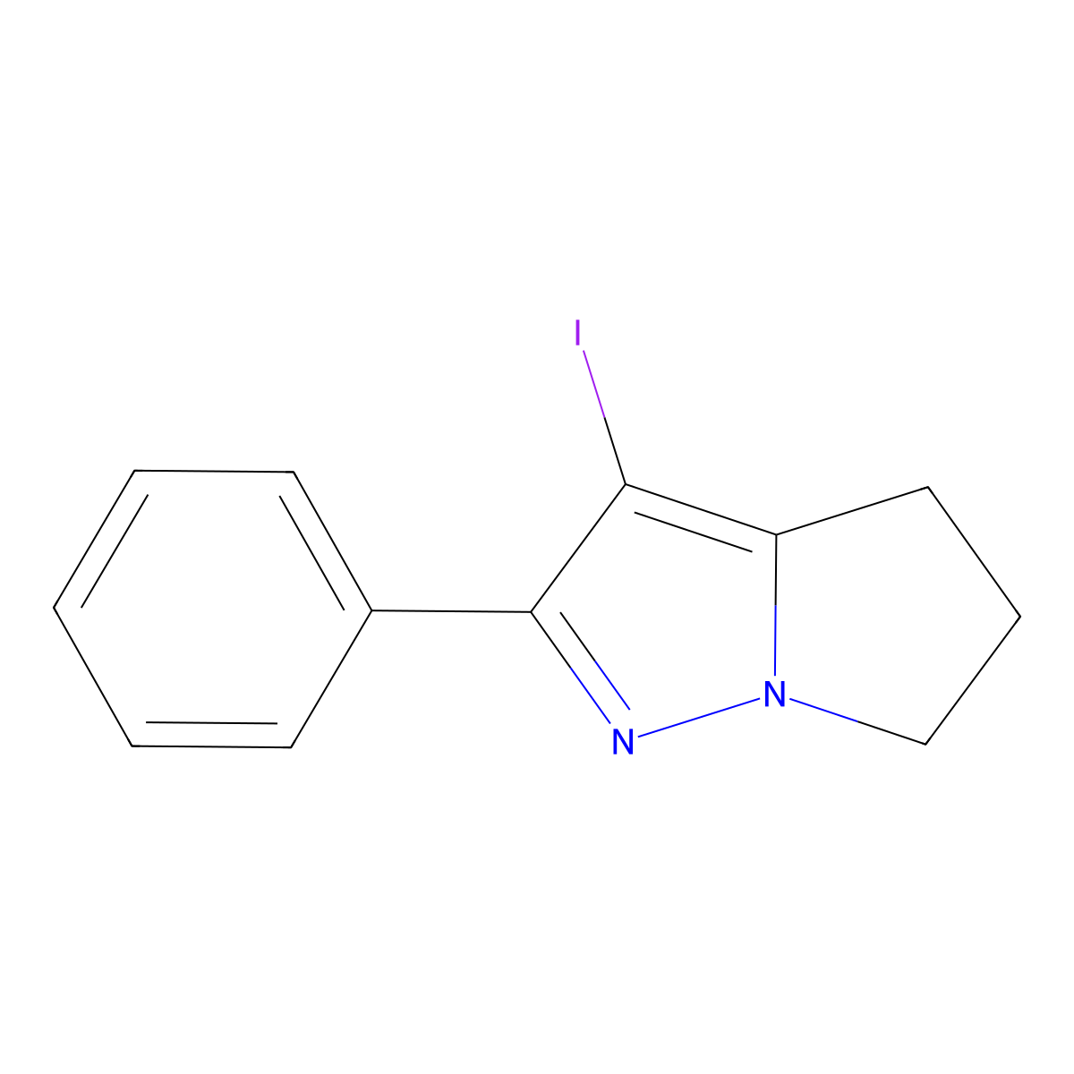 3-iodo-2-phenyl-5,6-dihydro-4H-pyrrolo[1,2-b]pyrazole molecular structure, CAS 1338582-28-7