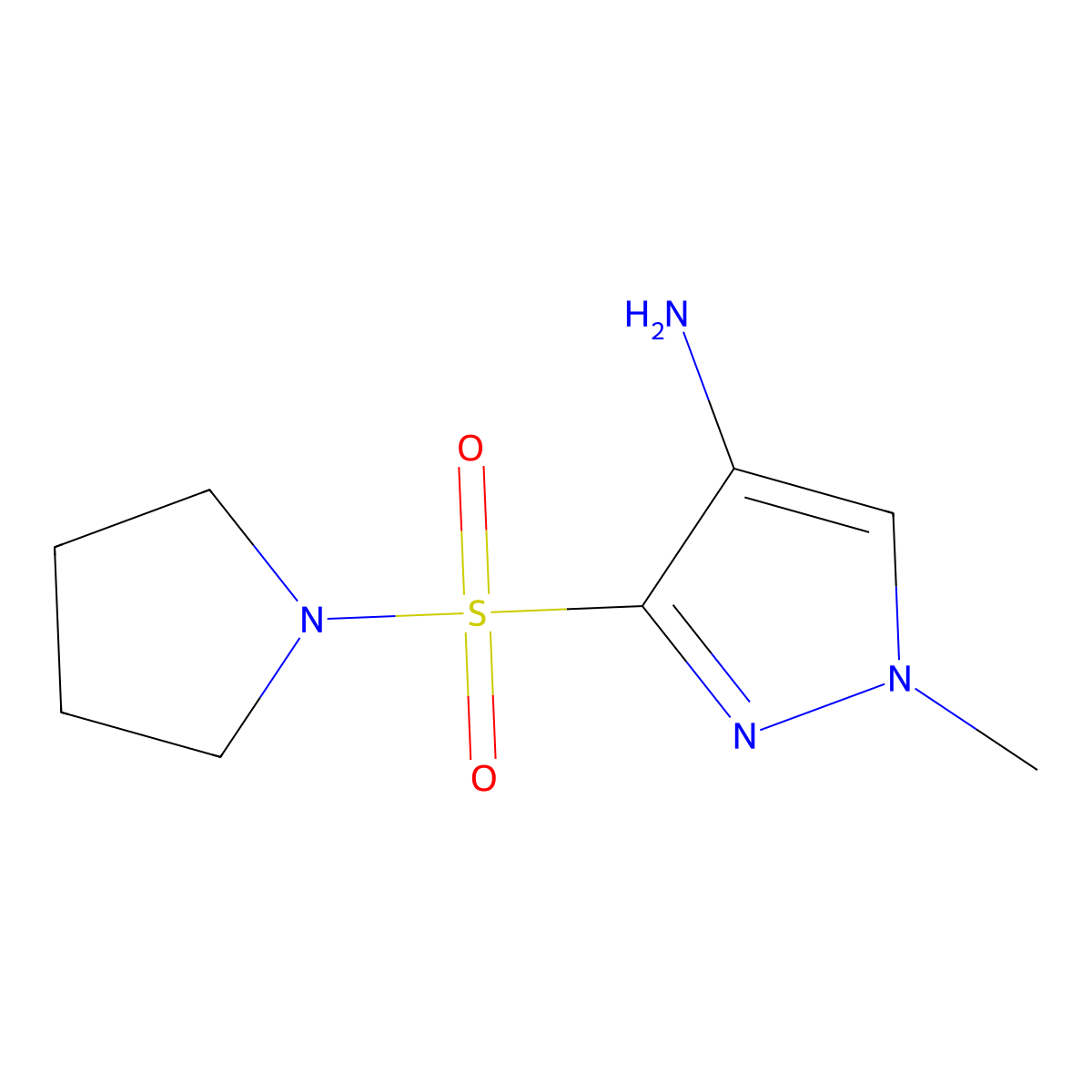 1-methyl-3-(pyrrolidin-1-ylsulfonyl)-1H-pyrazol-4-amine molecular structure, CAS 1338665-51-2